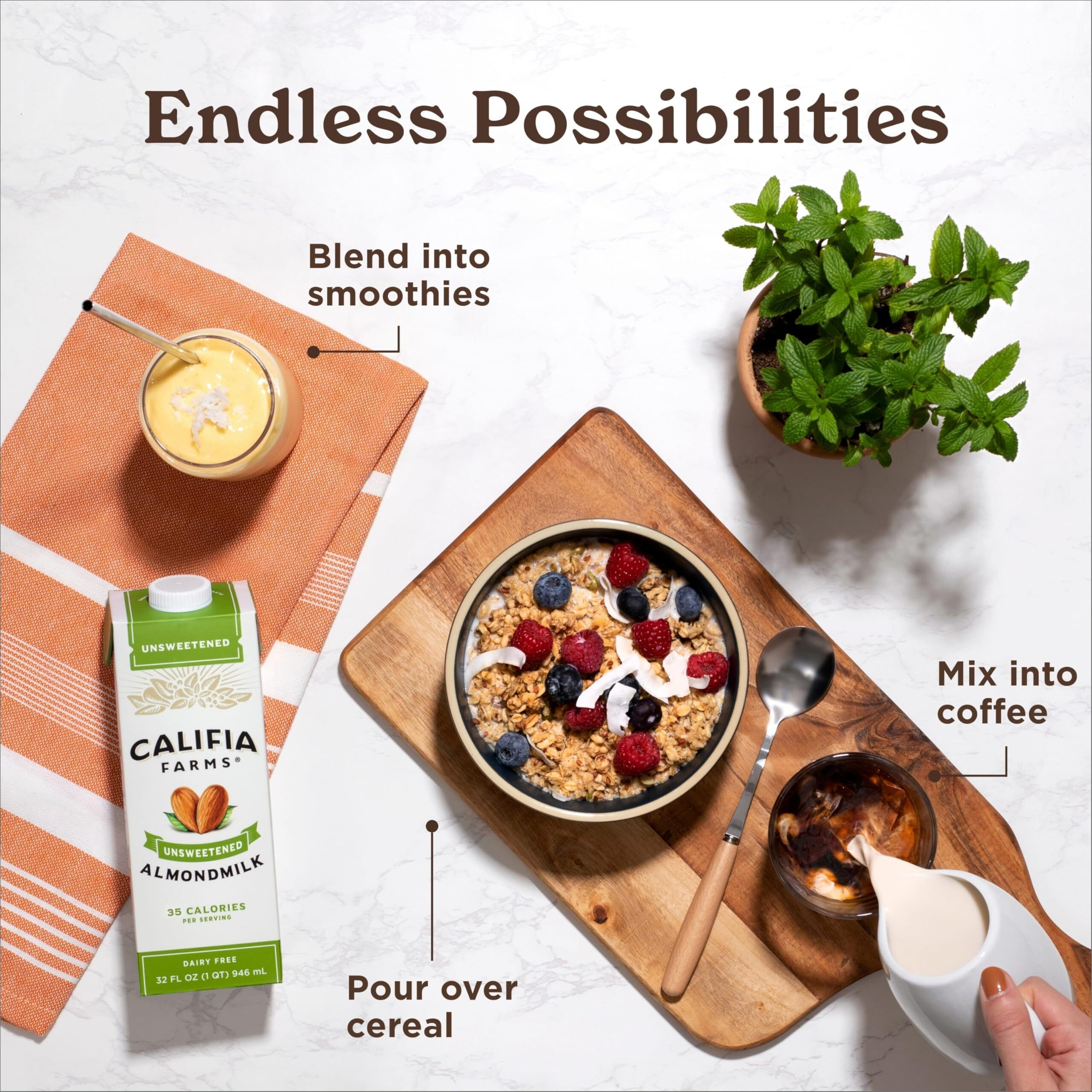 Califia Farms - Unsweetened Almond Milk, 32 Oz (Pack Of 6), Dairy Free, Vegan, Plant Based, Keto Food, Shelf Stable, Vegan, Gluten Free, Non Gmo, Sugar Free, High Calcium, Smoothie