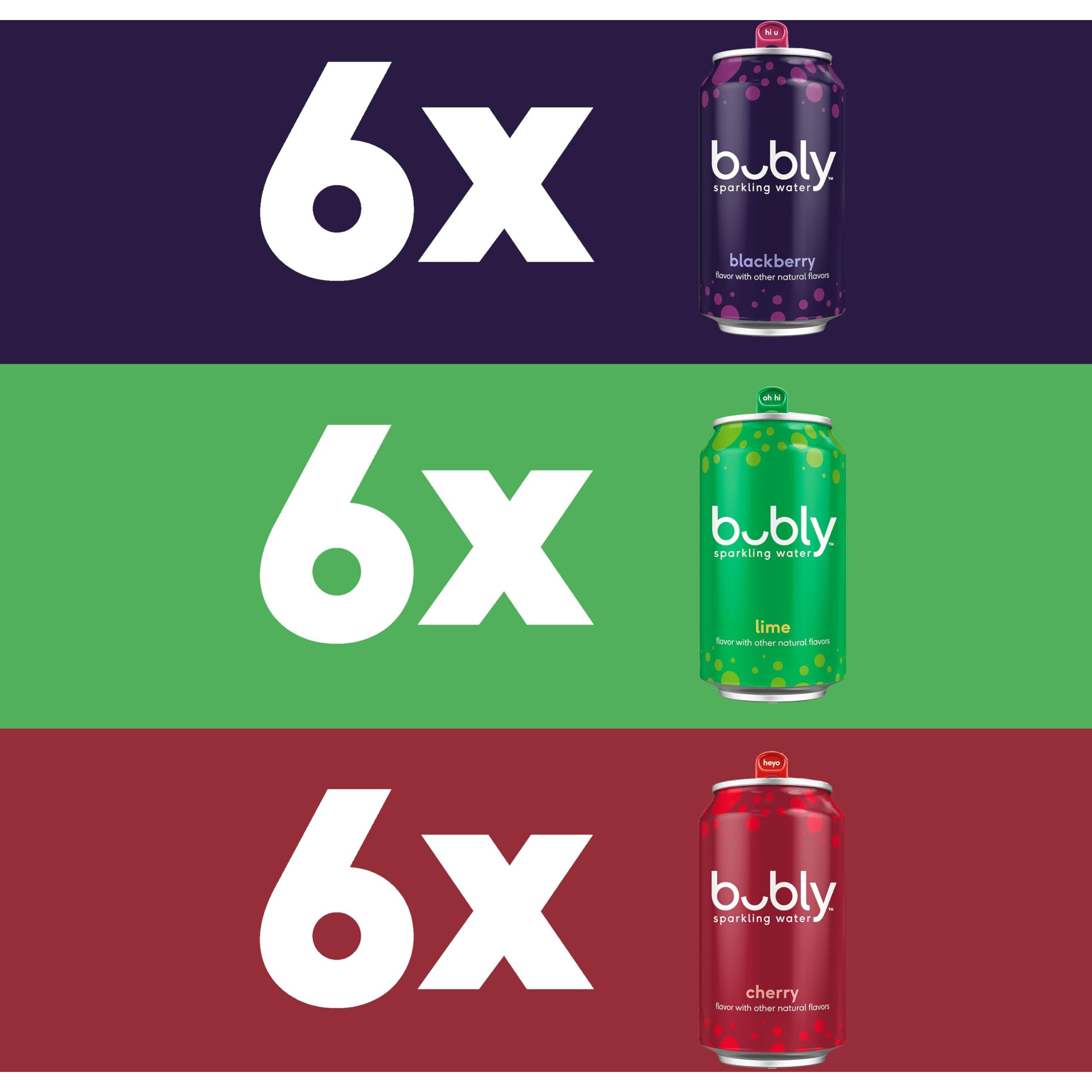 Bubly Sparkling Water, Lime Yours 3 Flavor Variety Pack (Lime, Cherry, Blackberry), Zero Sugar & Zero Calories, Seltzer Water, 12 Fl Oz Cans (Pack Of 18)