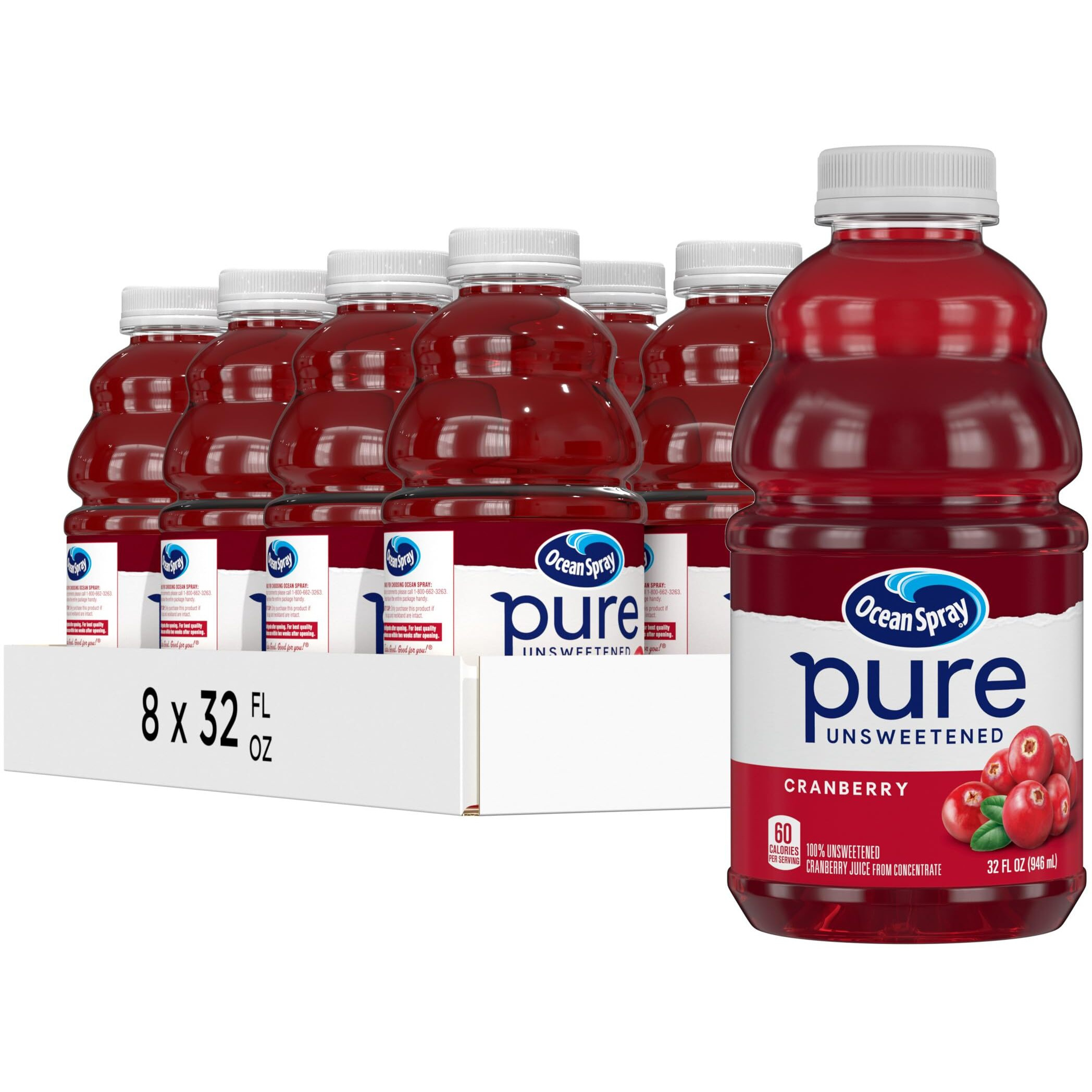 Ocean Spray Pure Unsweetened Cranberry, 100% Cranberry Juice From Concentrate, 32 Fl Oz Bottle (Pack Of 8)