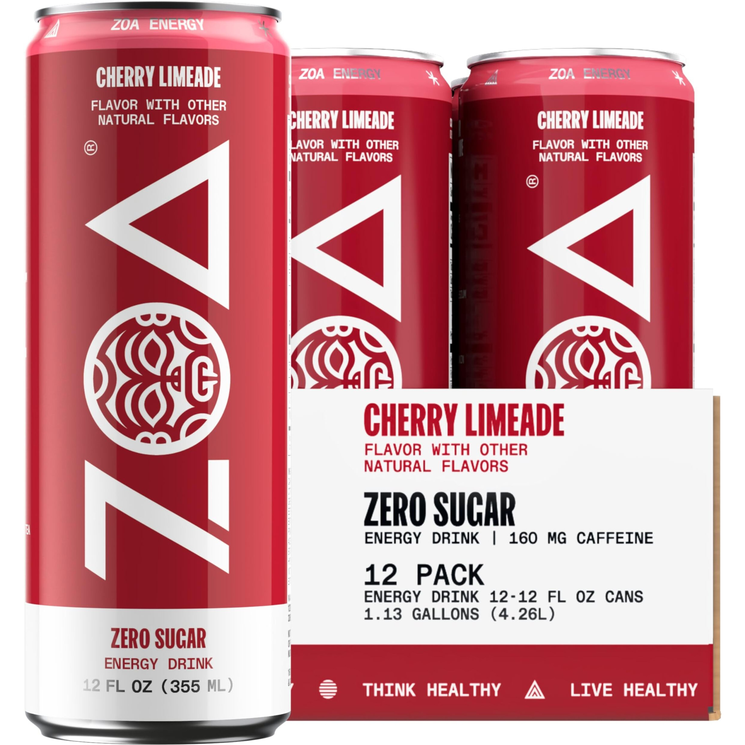 Zoa Zero Sugar Energy Drinks, Cherry Limeade - Sugar Free With Electrolytes, Healthy Vitamin C, Amino Acids, Essential B-Vitamins, And Caffeine From Green Tea - 12 Fl Oz (12-Pack)