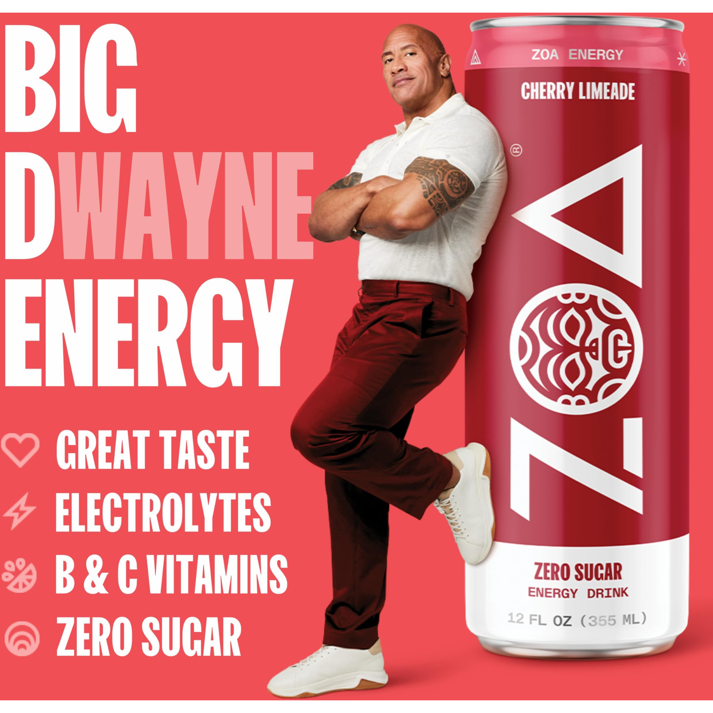 Zoa Zero Sugar Energy Drinks, Cherry Limeade - Sugar Free With Electrolytes, Healthy Vitamin C, Amino Acids, Essential B-Vitamins, And Caffeine From Green Tea - 12 Fl Oz (12-Pack)