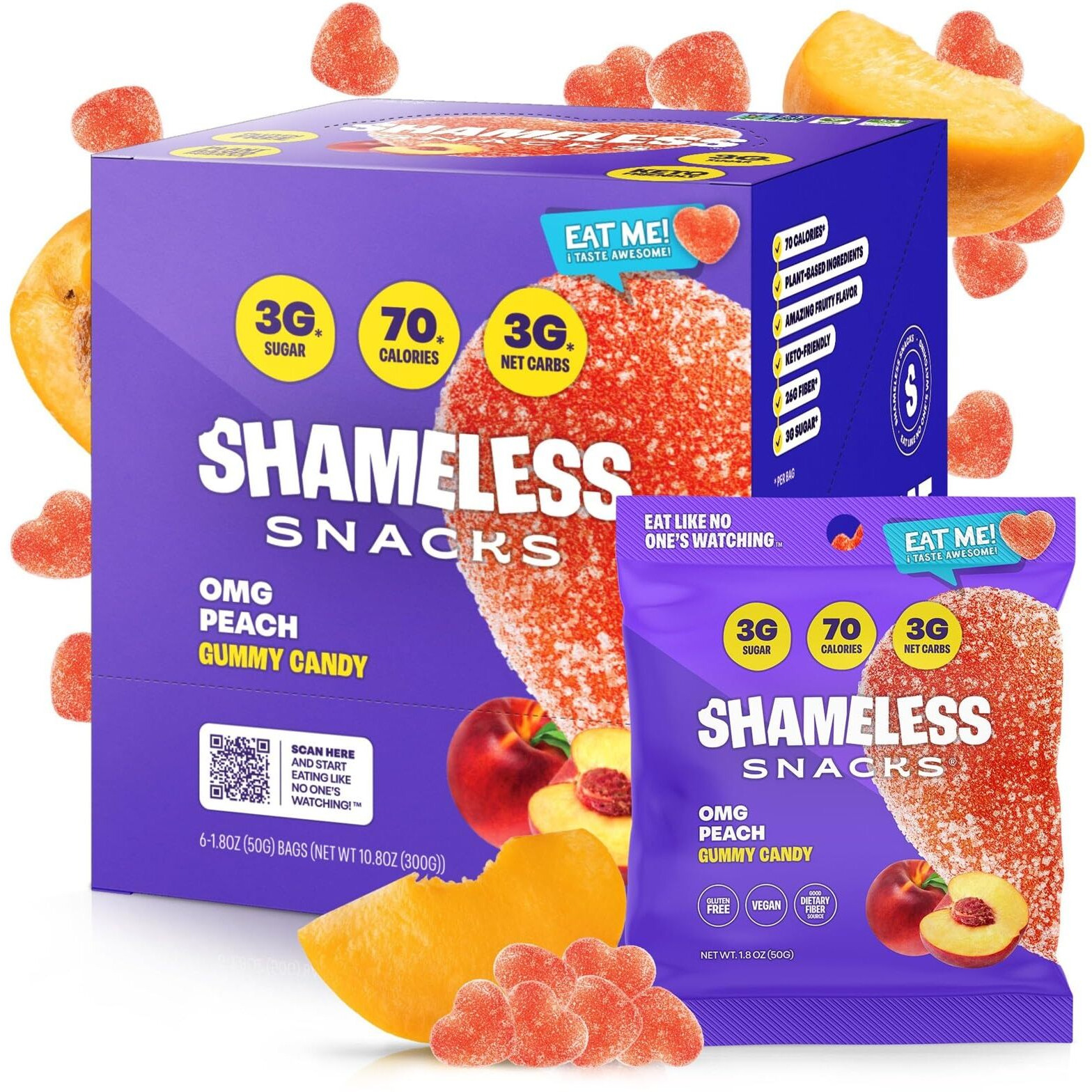 Shameless Snacks - Healthy Low Calorie Snacks, Low Carb Keto Gummies (Gluten Free) - 6 Pack Omg Peach