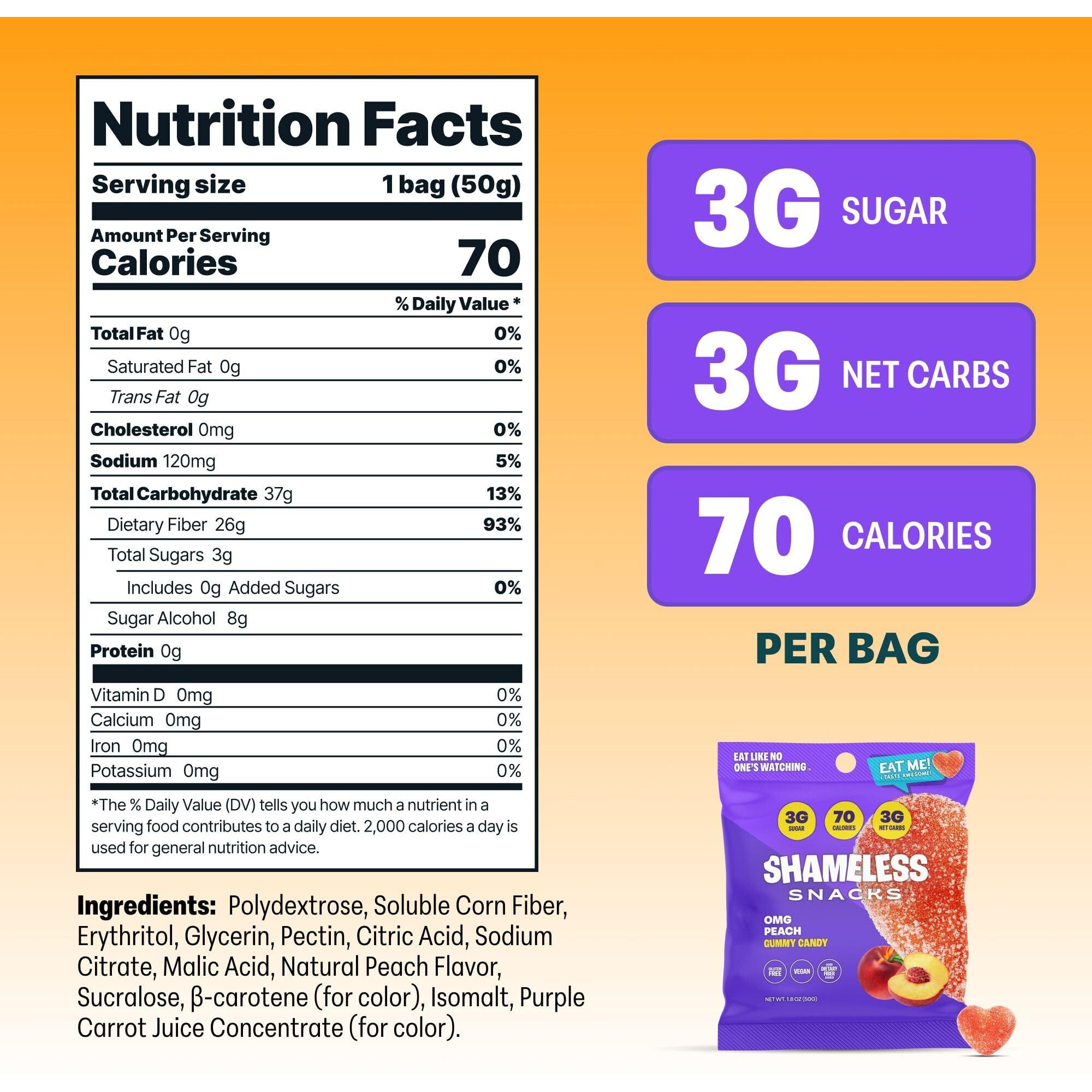 Shameless Snacks - Healthy Low Calorie Snacks, Low Carb Keto Gummies (Gluten Free) - 6 Pack Omg Peach