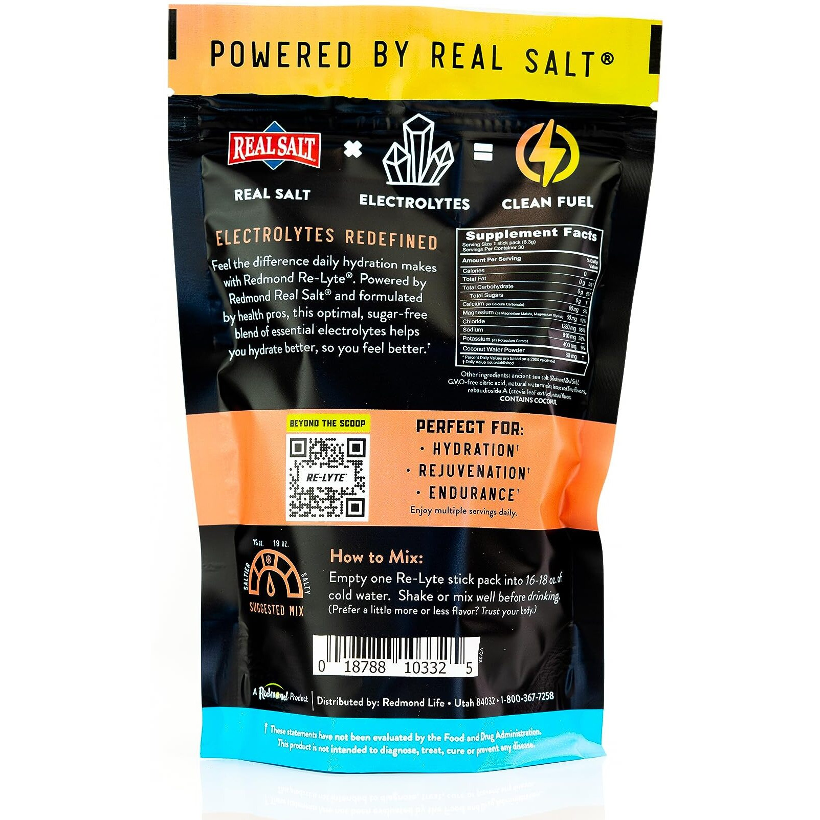 Redmond Re-Lyte Hydration Electrolyte Mix, Watermelon Lime (30 Stick Packs)