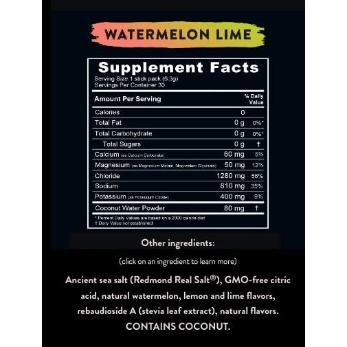 Redmond Re-Lyte Hydration Electrolyte Mix, Watermelon Lime (30 Stick Packs)