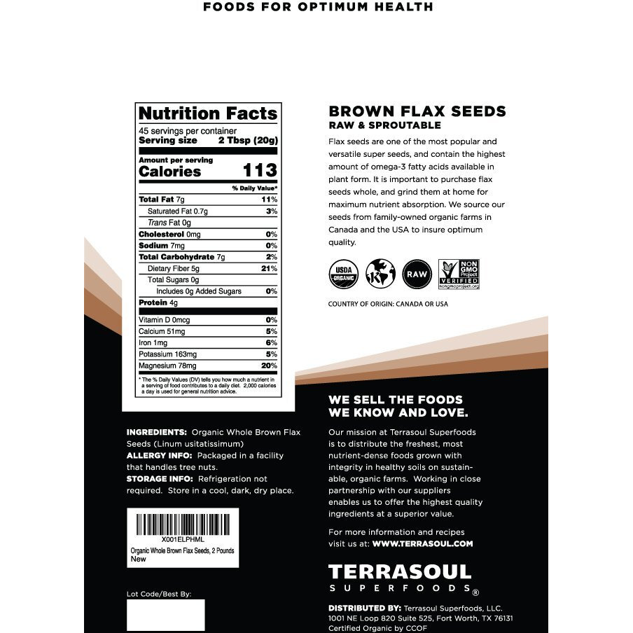 Terrasoul Superfoods Organic Brown Flax Seeds, 2 Pound