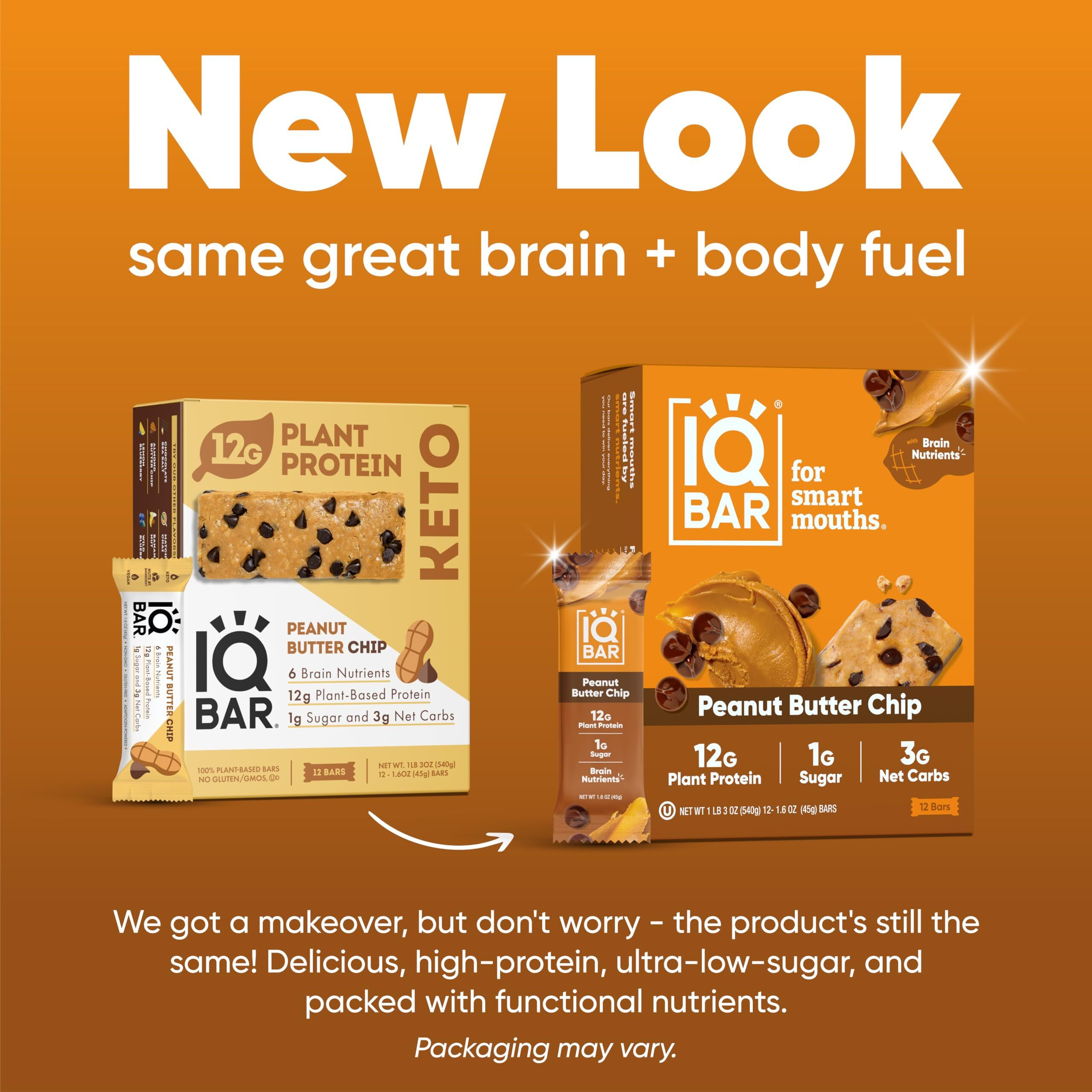 Iqbar Brain And Body Plant Protein Bars - Peanut Butter Chip - 36 Count, Low Carb, High Fiber, Gluten Free, Vegan Snacks - Low Sugar Keto Energy Bars