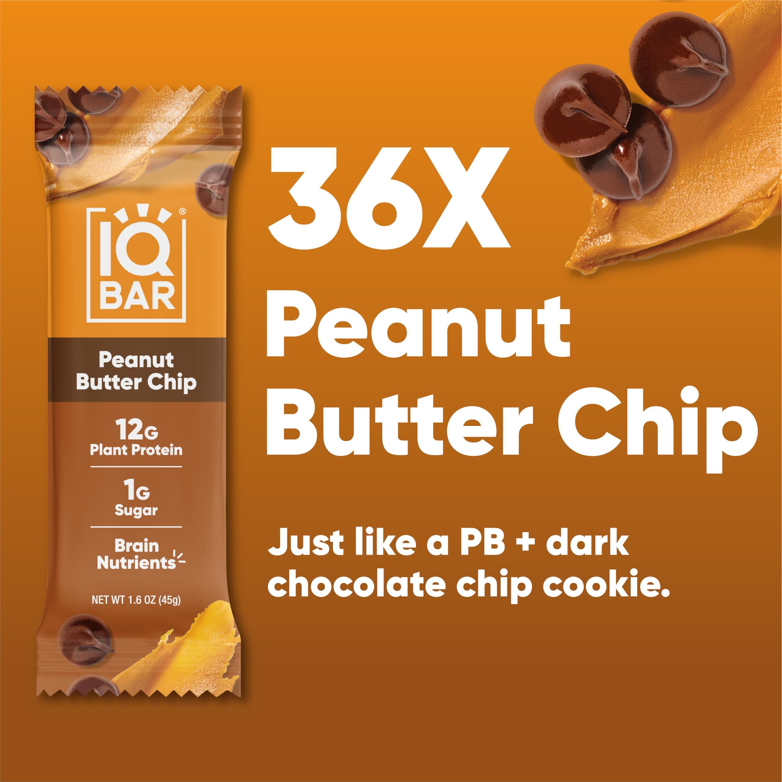 Iqbar Brain And Body Plant Protein Bars - Peanut Butter Chip - 36 Count, Low Carb, High Fiber, Gluten Free, Vegan Snacks - Low Sugar Keto Energy Bars