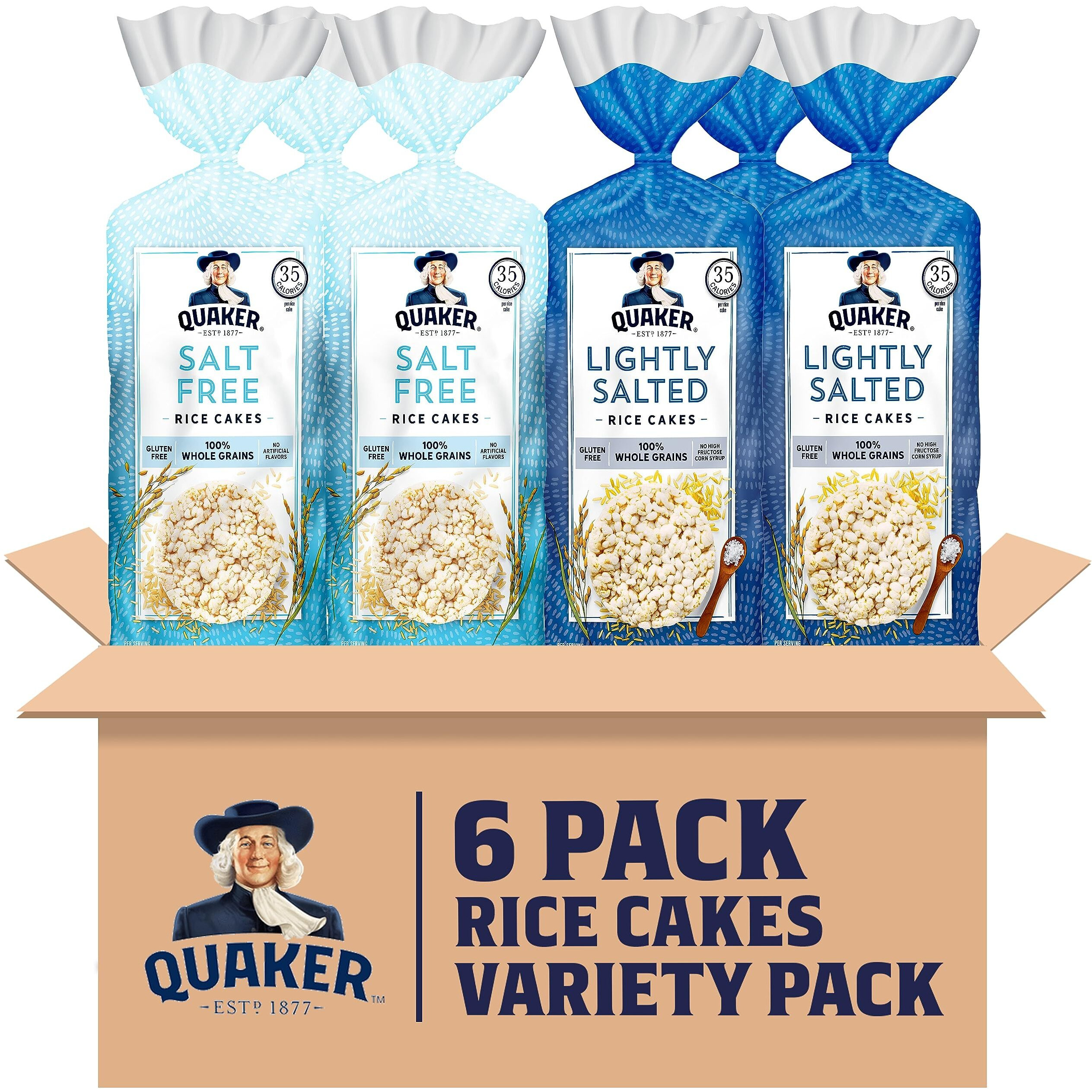 Quaker Large Rice Cakes, Gluten Free, Lightly Salted + Salt Free Variety Pack, 4.47 Ounce (Pack Of 6)