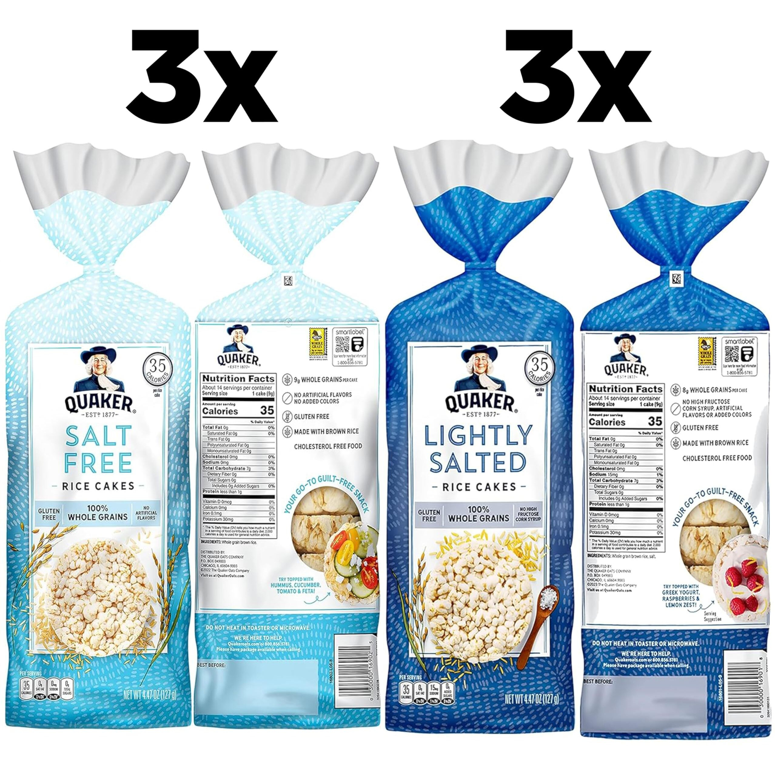 Quaker Large Rice Cakes, Gluten Free, Lightly Salted + Salt Free Variety Pack, 4.47 Ounce (Pack Of 6)