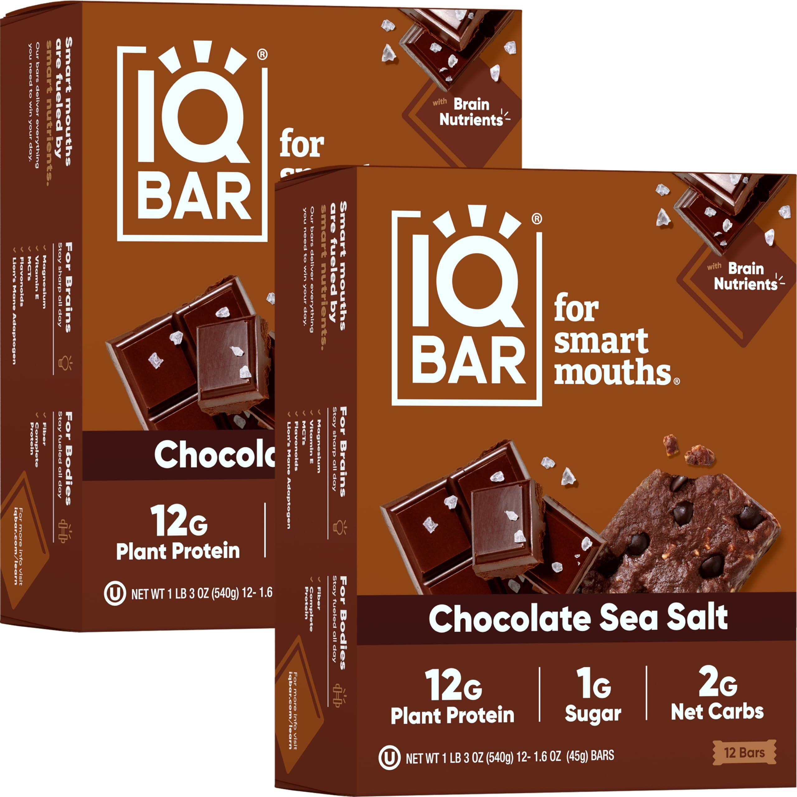 Iqbar Brain And Body Plant Protein Bars - Chocolate Sea Salt - 24 Count, Low Carb, High Fiber, Gluten Free, Vegan Snacks - Low Sugar Keto Energy Bar