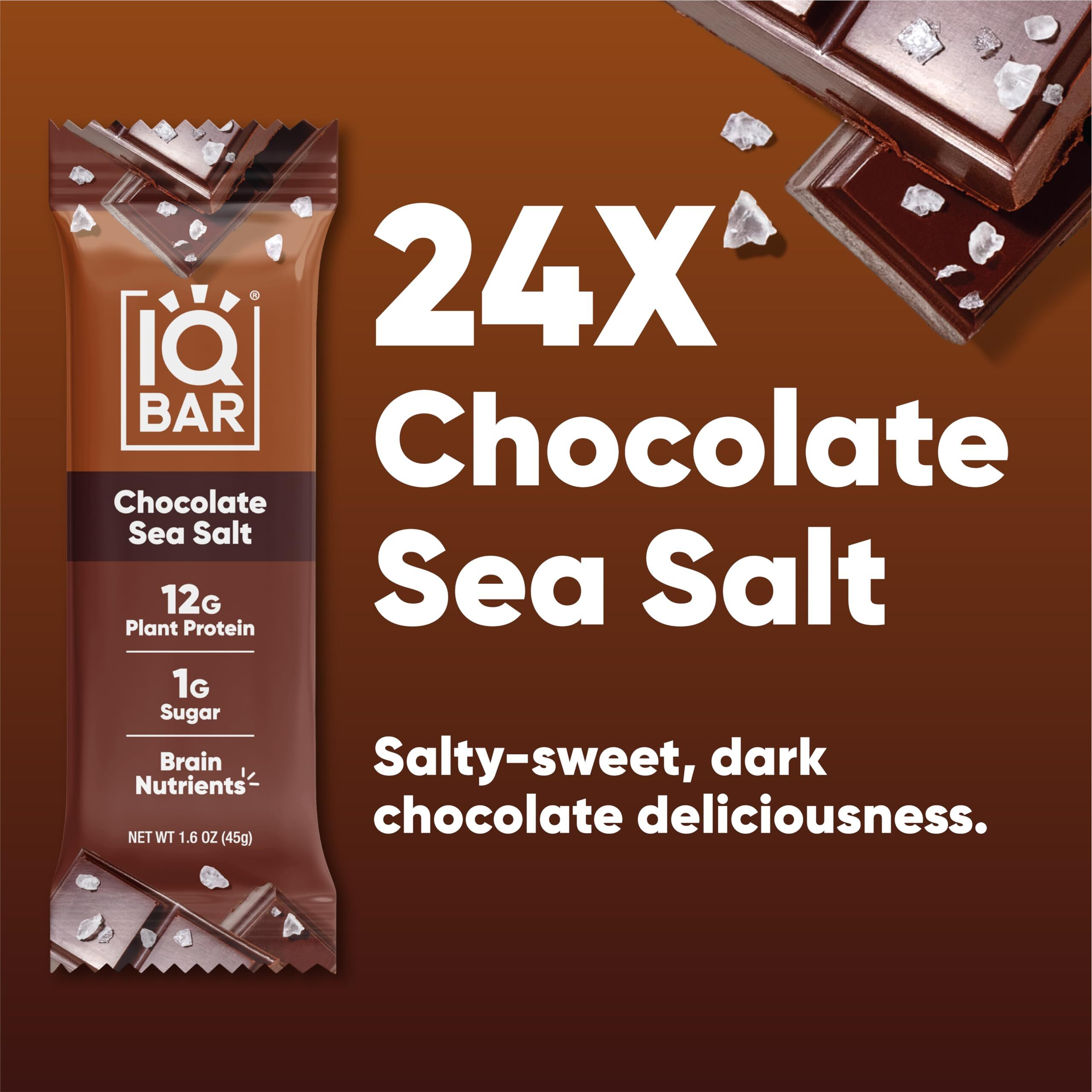 Iqbar Brain And Body Plant Protein Bars - Chocolate Sea Salt - 24 Count, Low Carb, High Fiber, Gluten Free, Vegan Snacks - Low Sugar Keto Energy Bar