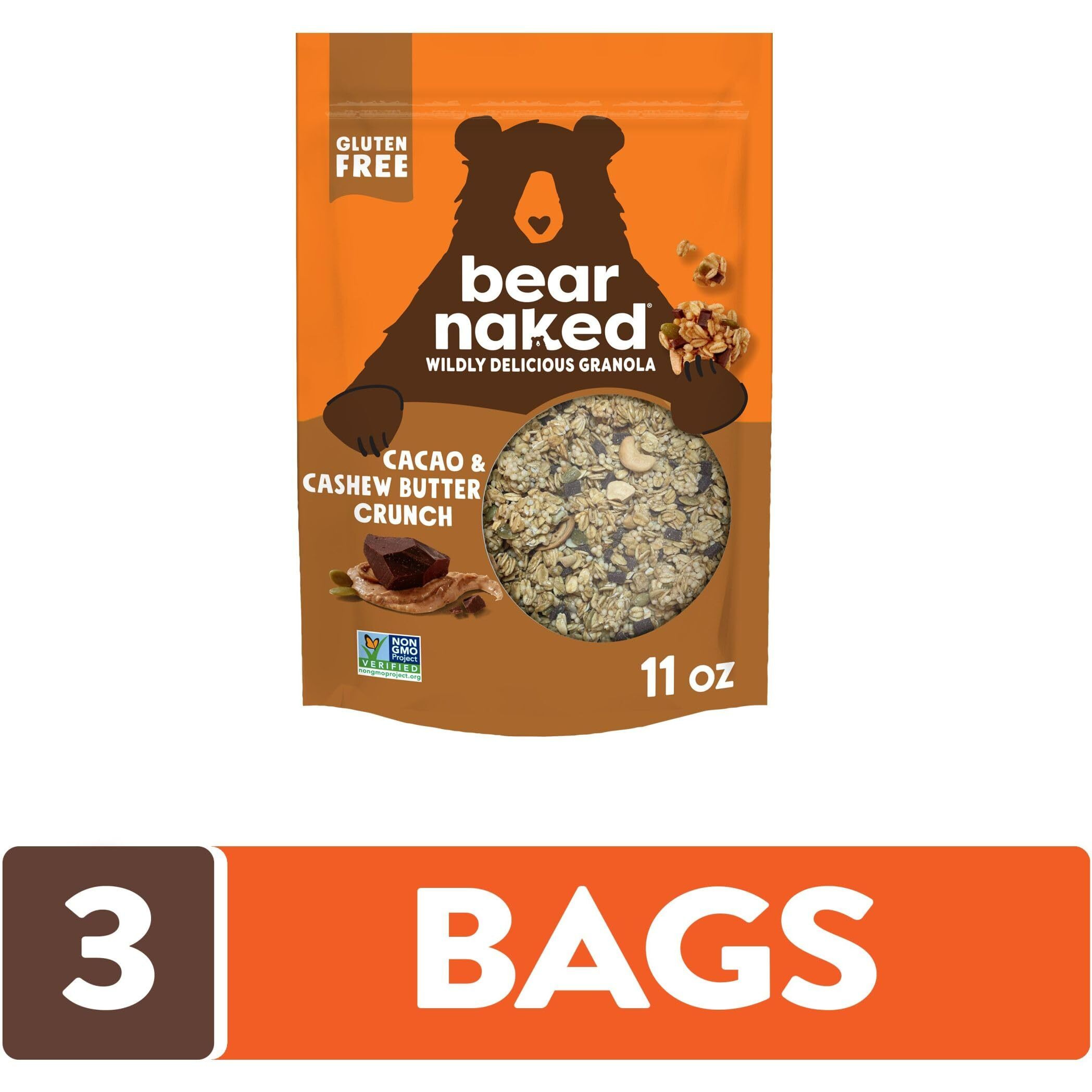 Granola, Bear Naked, Cacao And Cashew Butter, Non-Gmo Project Verified, Fair-Trade Certified Cocoa And Gluten-Free, 11Oz Bag (3 Pack)