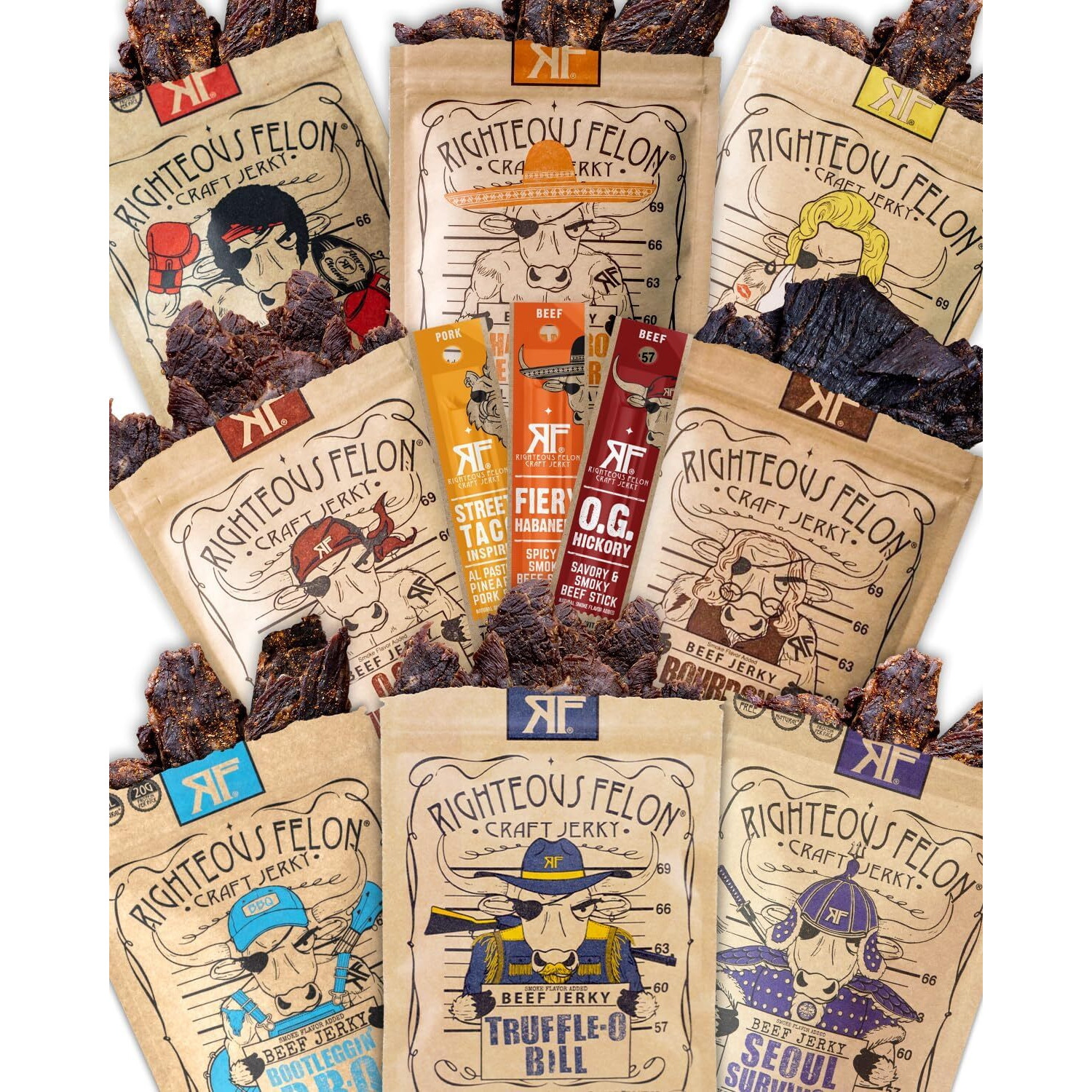 Righteous Felon Beef Jerky & Meat Sticks Variety Pack | Gluten Free Beef Jerky Snack Packs For Adults | High Protein, Keto, Low Sugar | Made With Premium Meats | Gifts For Men | 11 Pack Sampler