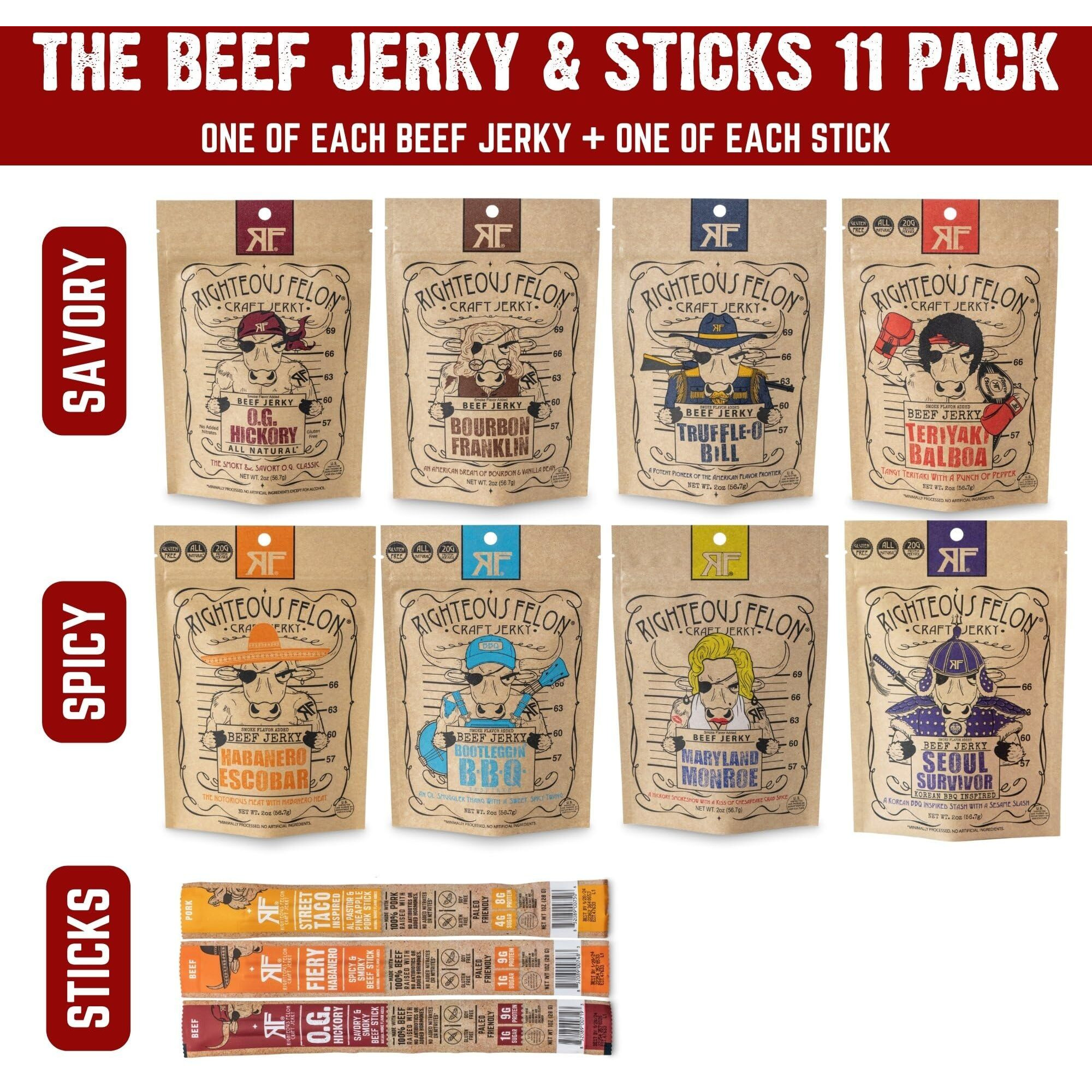Righteous Felon Beef Jerky & Meat Sticks Variety Pack | Gluten Free Beef Jerky Snack Packs For Adults | High Protein, Keto, Low Sugar | Made With Premium Meats | Gifts For Men | 11 Pack Sampler