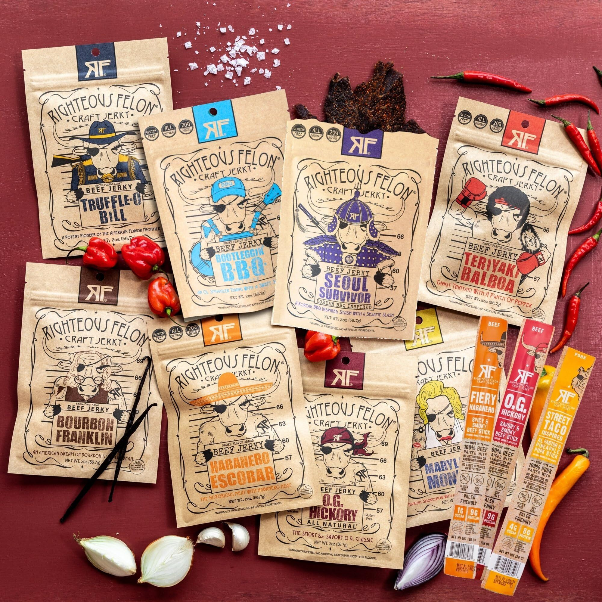 Righteous Felon Beef Jerky & Meat Sticks Variety Pack | Gluten Free Beef Jerky Snack Packs For Adults | High Protein, Keto, Low Sugar | Made With Premium Meats | Gifts For Men | 11 Pack Sampler