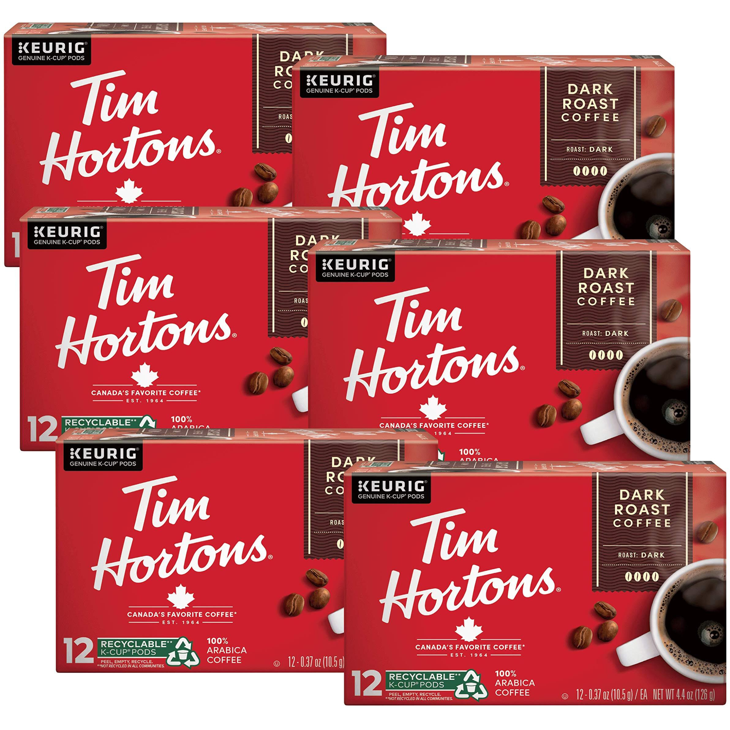 Tim Hortons Dark Roast Coffee, Single-Serve K-Cup Pods Compatible With Keurig Brewers, 72Ct K-Cups,Red 12 Count (Pack Of 6)