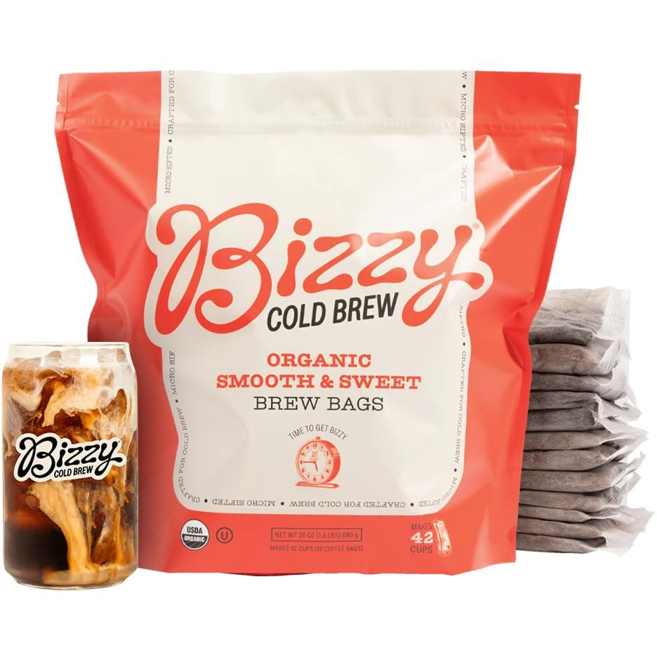 Bizzy Organic Cold Brew Coffee | Smooth & Sweet Blend | Coarse Ground Coffee | Medium Roast | Micro Sifted | Specialty Grade | 100% Arabica | Brew Bags | 12 Count | Makes 42 Cups