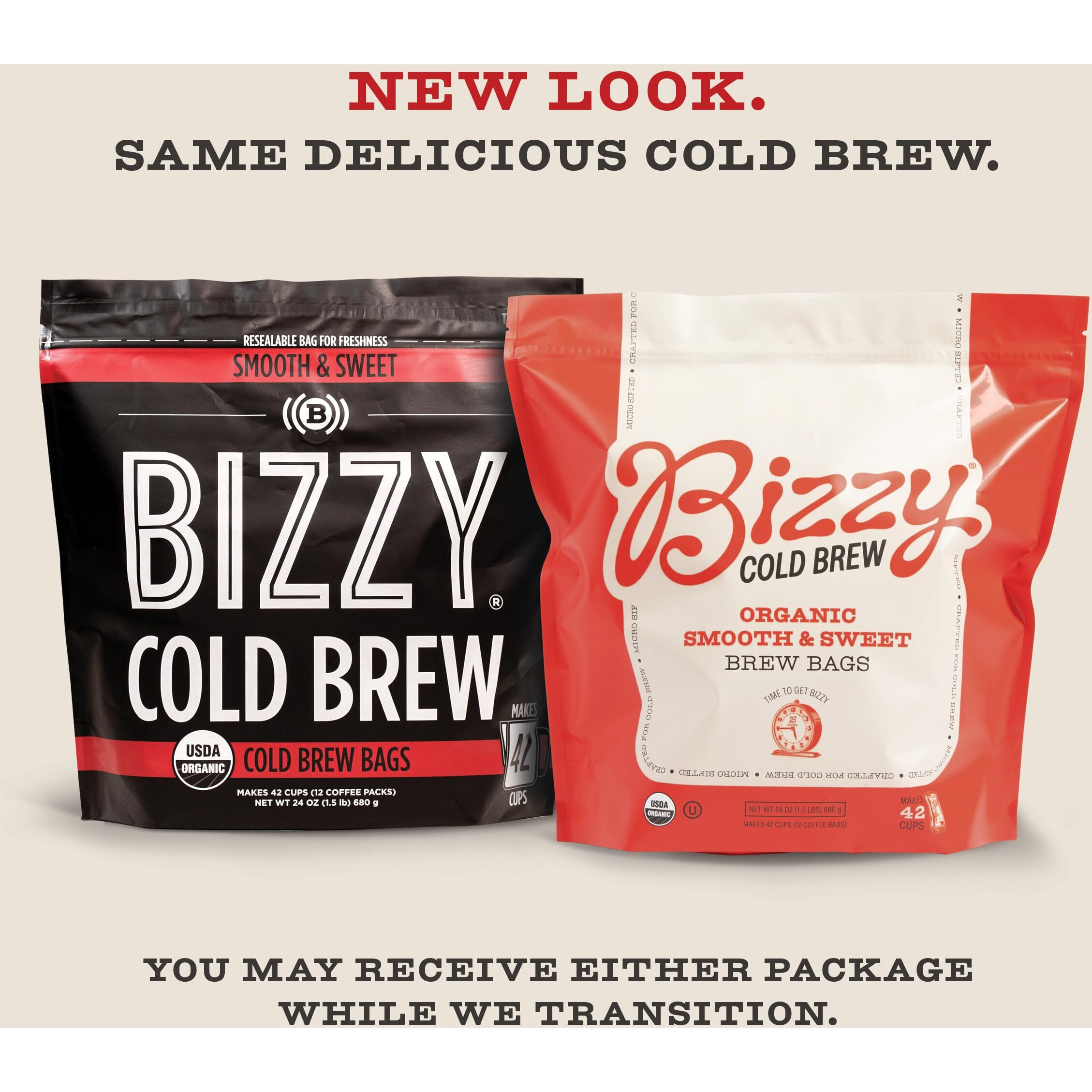 Bizzy Organic Cold Brew Coffee | Smooth & Sweet Blend | Coarse Ground Coffee | Medium Roast | Micro Sifted | Specialty Grade | 100% Arabica | Brew Bags | 12 Count | Makes 42 Cups