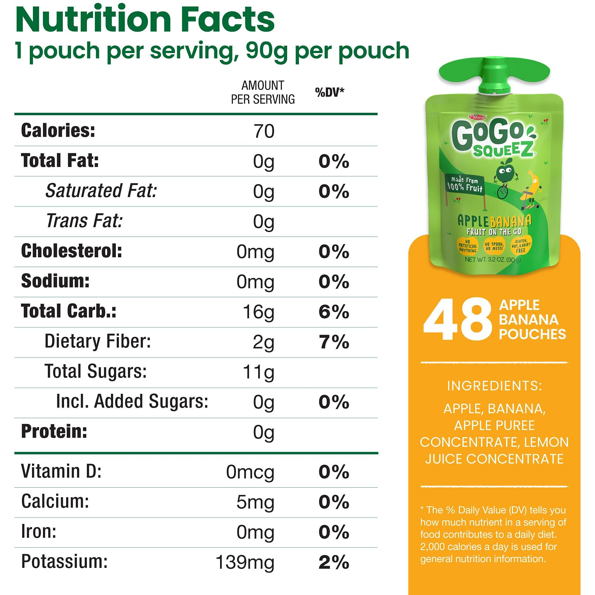 Gogo Squeez Fruit On The Go, Apple Banana, 3.2 Oz (Pack Of 48), Unsweetened Fruit Snacks For Kids, Gluten Free, Nut Free And Dairy Free, Recloseable Cap, Bpa Free Pouches