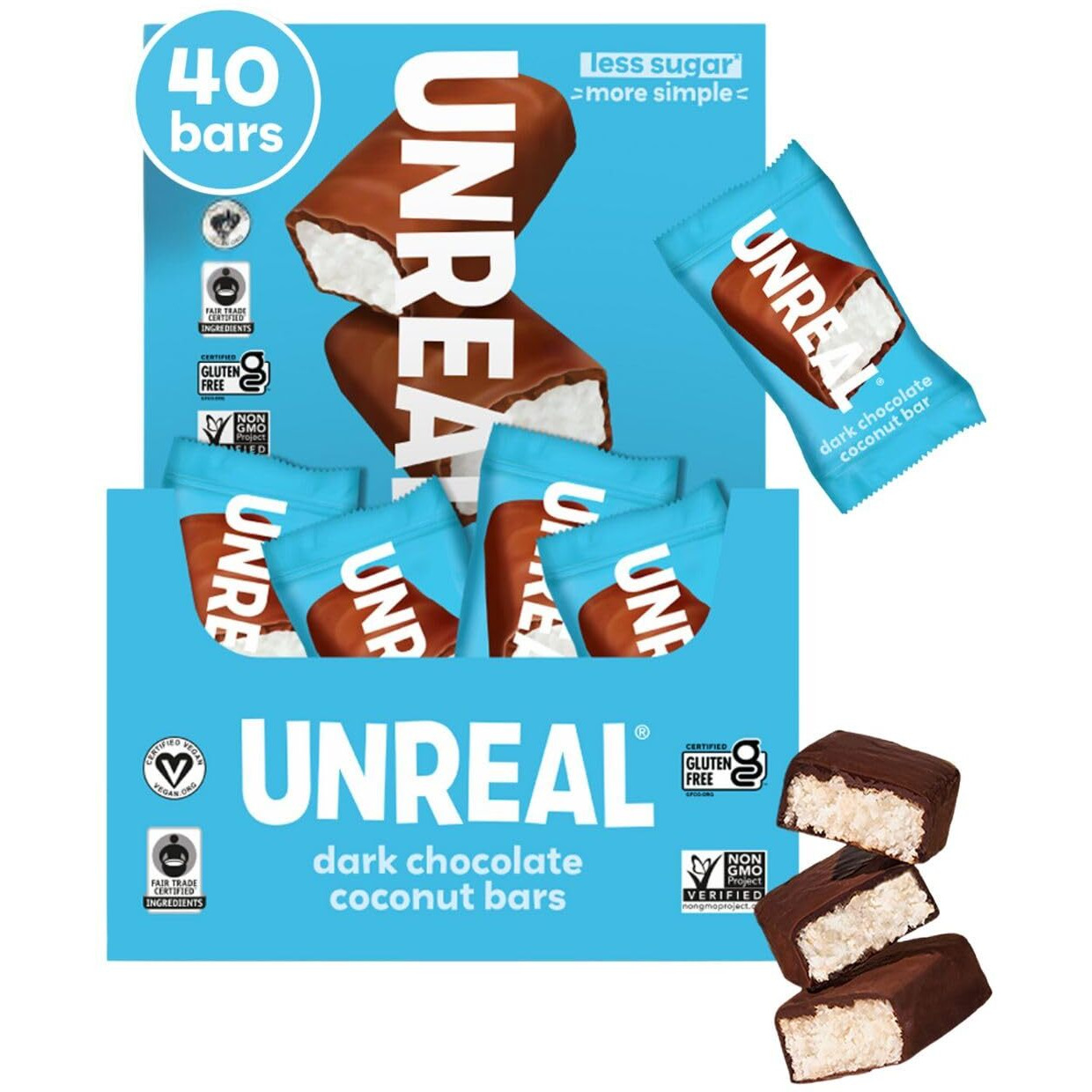 Unreal Dark Chocolate Coconut Bars (40 Mini Bars) | Vegan, 3G Sugar, & 3 Simple Ingredients | Non-Gmo, Gluten Free, & Fair Trade | .53Oz Each