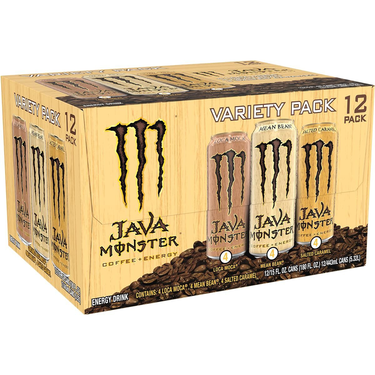 Monster Energy Java Monster Variety Pack, Java Monster Mean Bean, Java Monster Loca Moca, Java Monster Salted Caramel, Coffee + Energy Drink, 15 Ounce (Pack Of 12)