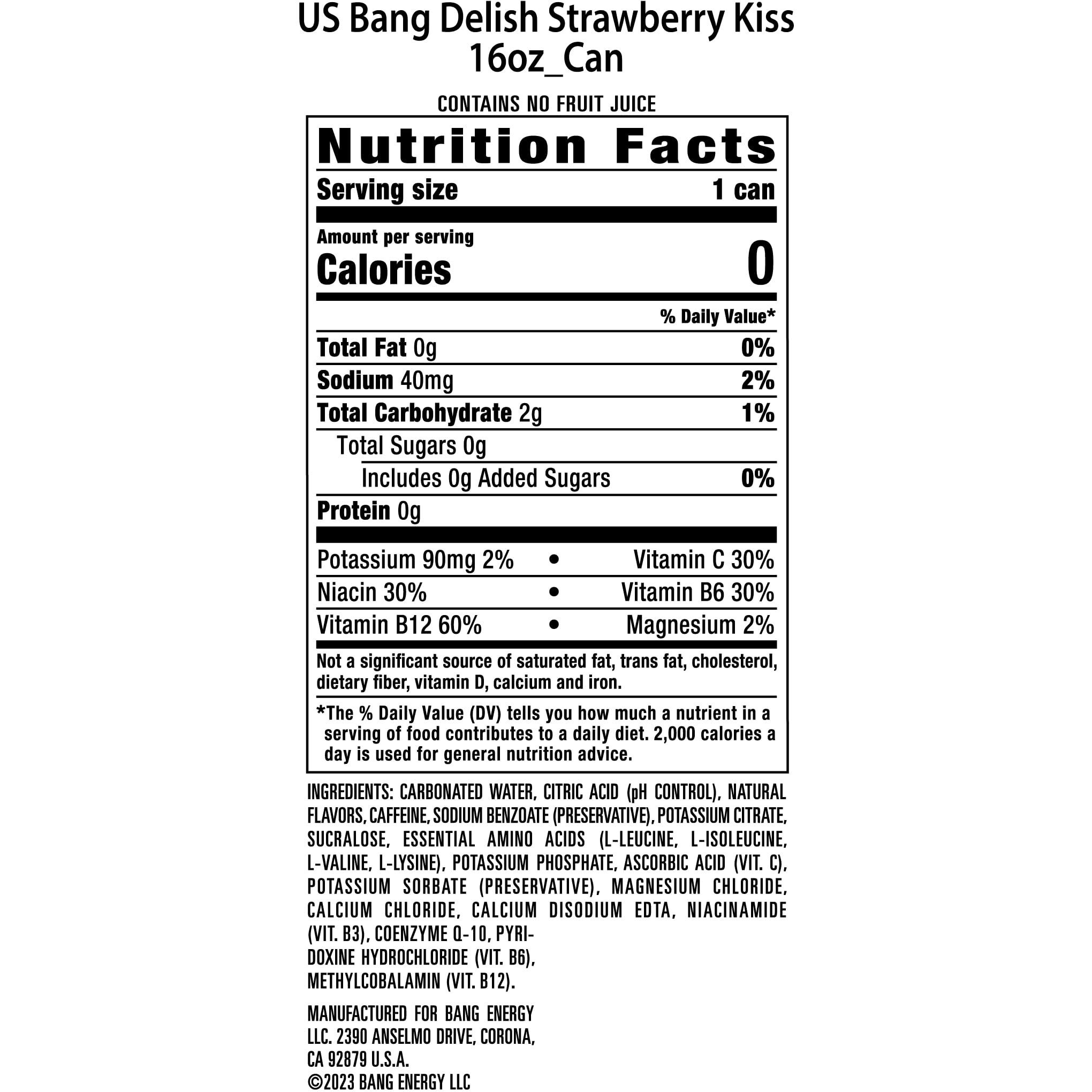 Bang Energy Delish Strawberry Kiss, Sugar-Free Energy Drink, 16 Fl Oz (Pack Of 12)