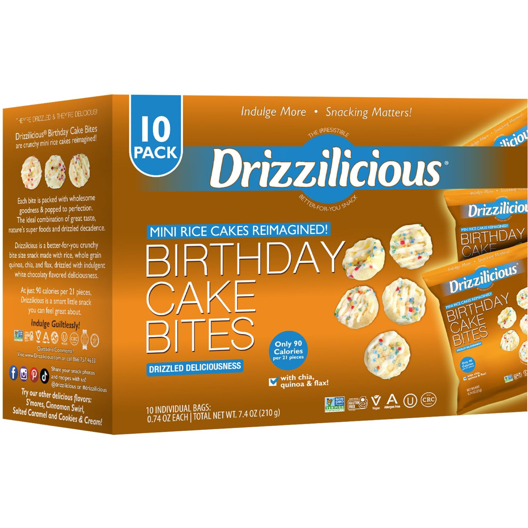 Drizzilicious Mini Rice Cakes Birthday Cake - Rice Crisps, Healthy Snack For Adults And Kids, Flavored Rice Cakes, Vegan, Gluten Free, Allergen Free, Only 90 Calories Per Bag - 0.74 Oz (Pack Of 10)