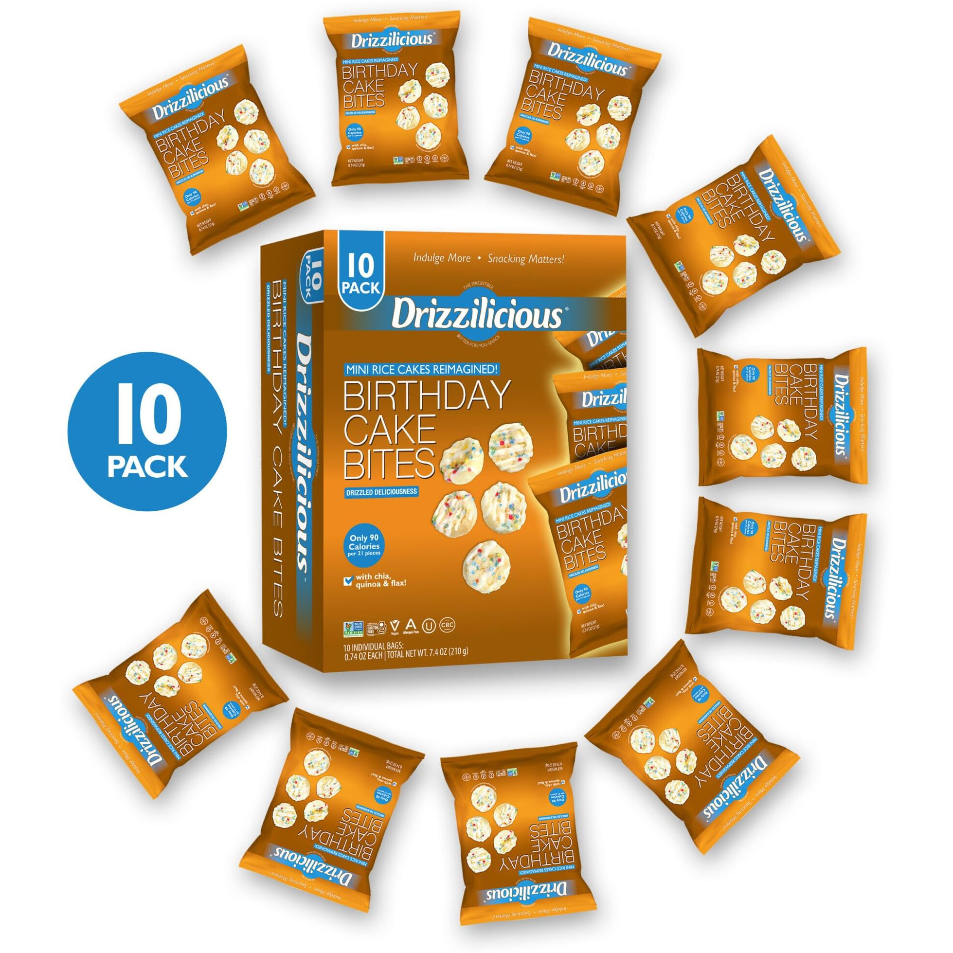 Drizzilicious Mini Rice Cakes Birthday Cake - Rice Crisps, Healthy Snack For Adults And Kids, Flavored Rice Cakes, Vegan, Gluten Free, Allergen Free, Only 90 Calories Per Bag - 0.74 Oz (Pack Of 10)