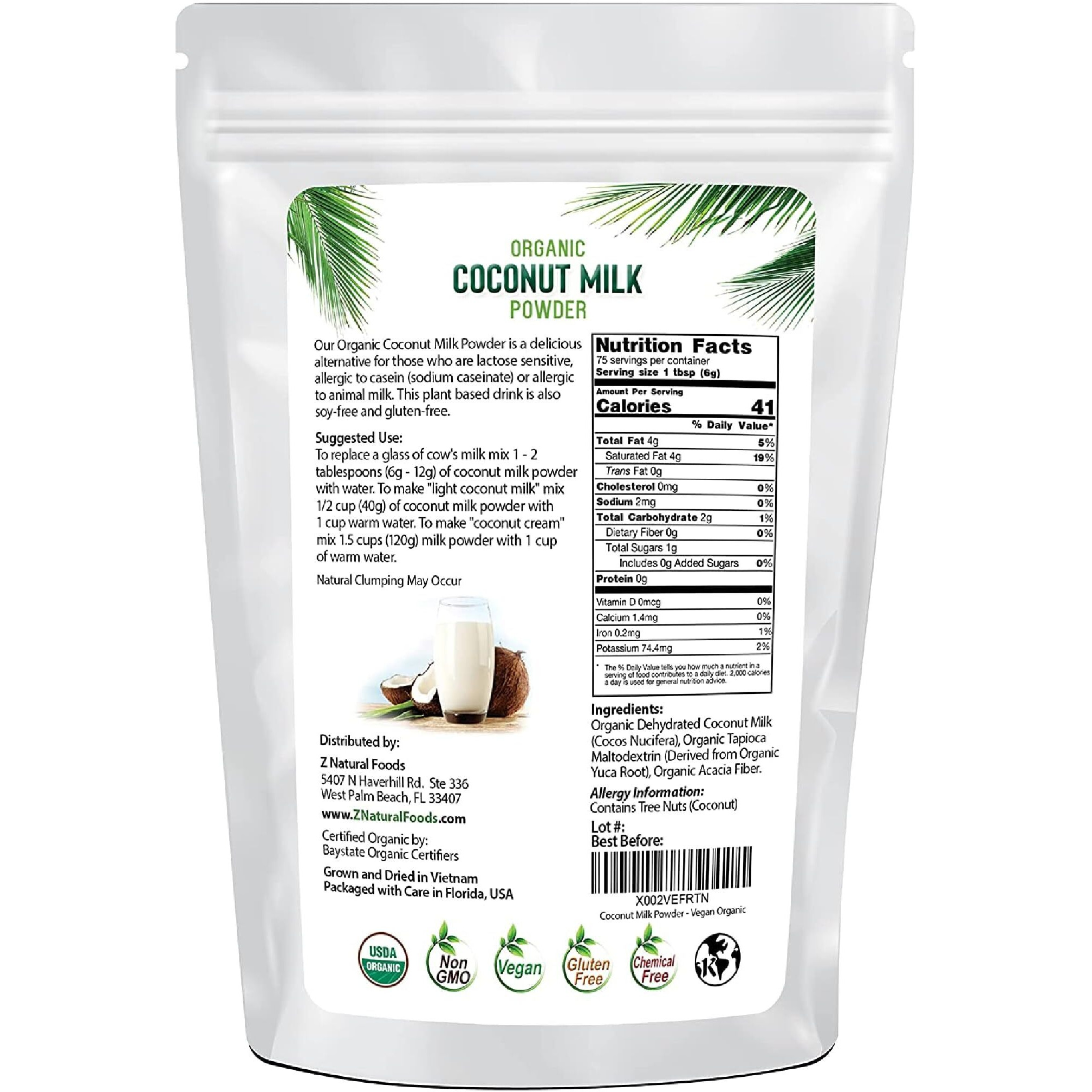 Z Natural Foods Organic Coconut Milk Powder - All-Natural Vegan Dairy-Free Alternative With Mcts - Unsweetened Coconut Creamer For Coffee & Smoothies - Gluten-Free, Non-Gmo, 33 Lbs