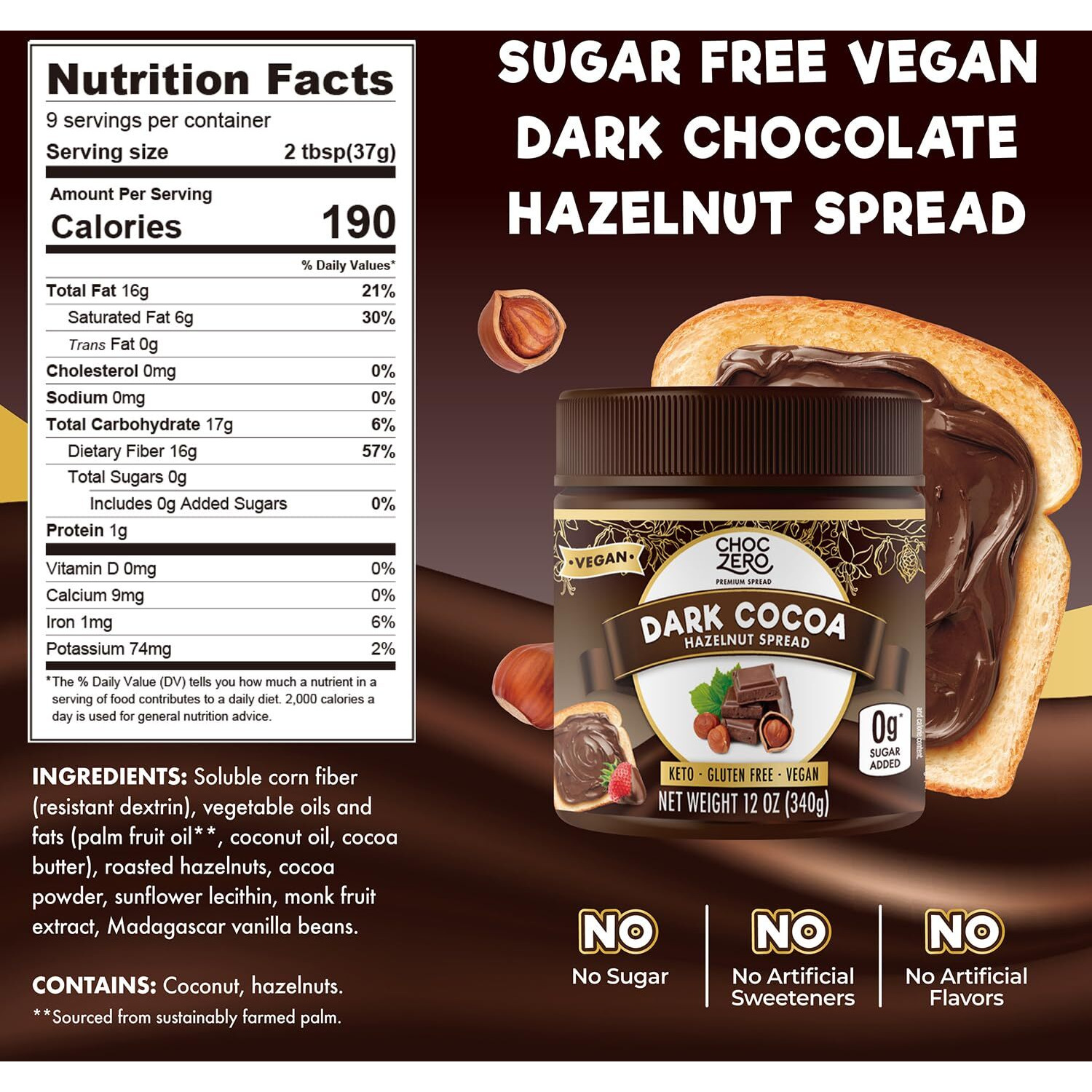 Vegan Cocoa Hazelnut Spread By Choczero - Keto Friendly, Sugar Free Dessert And Keto Bread Topping - Low Carb Chocolate (1 Jar, 12 Oz)
