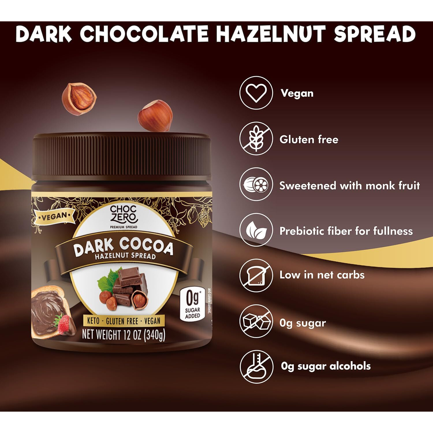 Vegan Cocoa Hazelnut Spread By Choczero - Keto Friendly, Sugar Free Dessert And Keto Bread Topping - Low Carb Chocolate (1 Jar, 12 Oz)