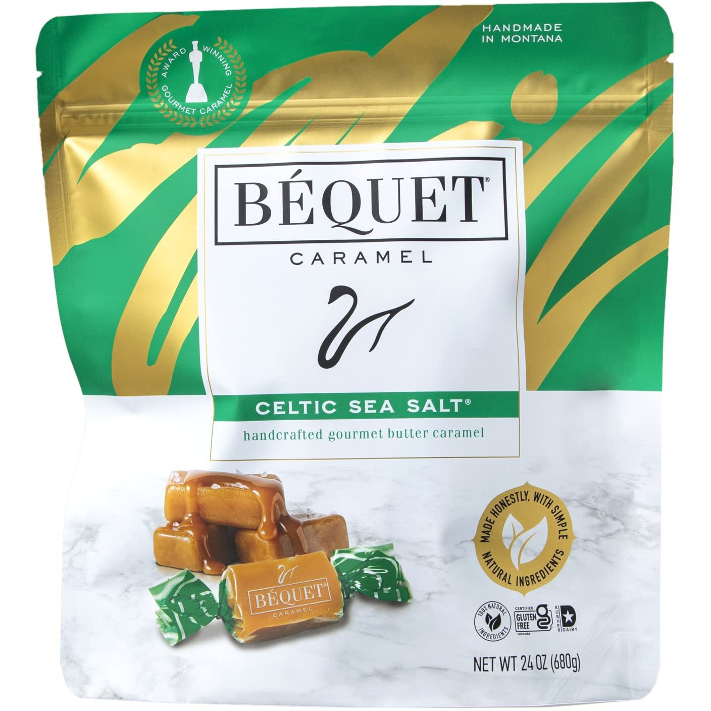 B  Quet Caramel - Celtic Sea Salt Caramel - Gourmet Caramel Candy - Salted Caramel Candy Individually Wrapped - Made In Montana - Kosher (Star D) And Gluten Free - 24Oz Resealable Pouch