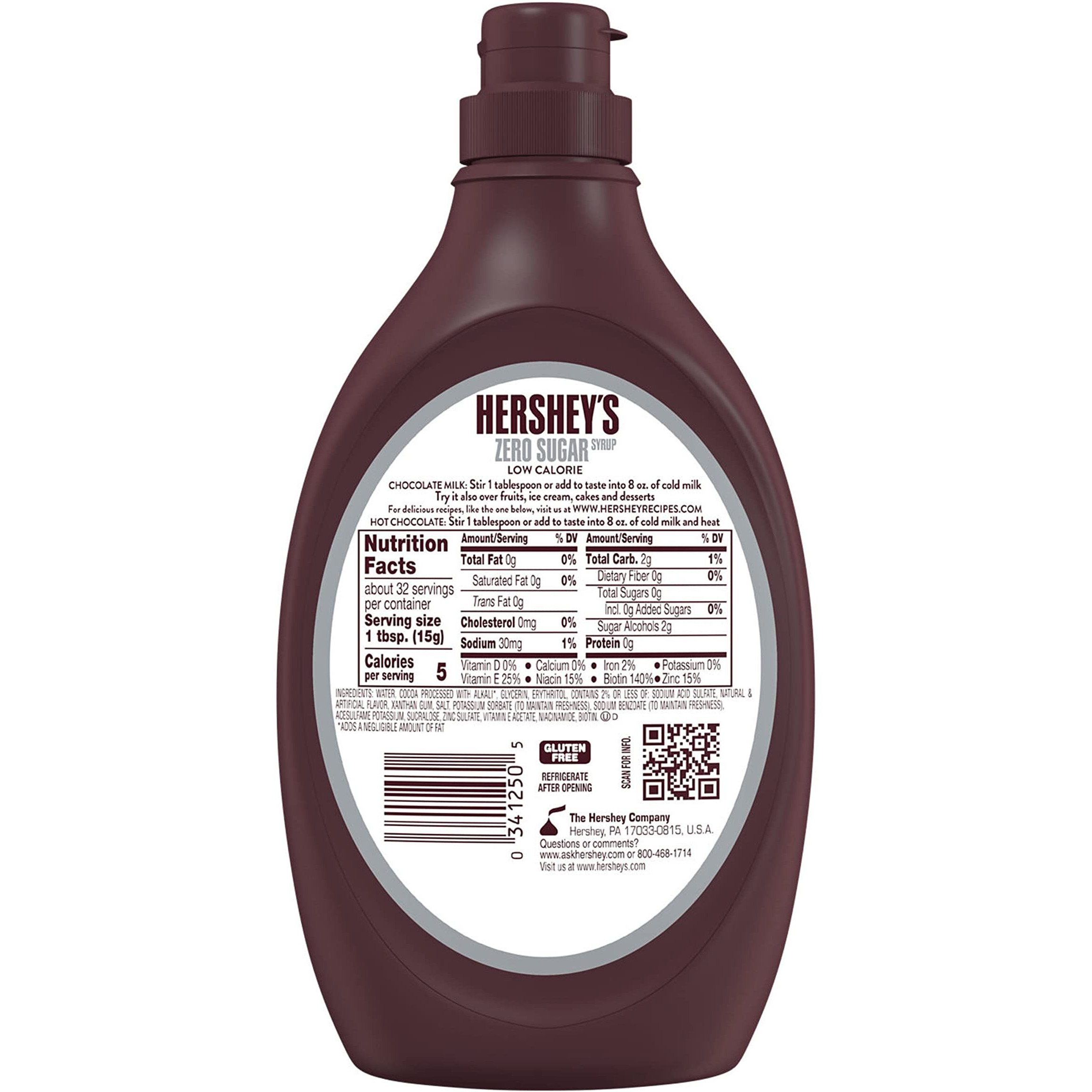 Hershey's Zero Sugar Chocolate Syrup Bottles, 17.5 Oz (6 Count)