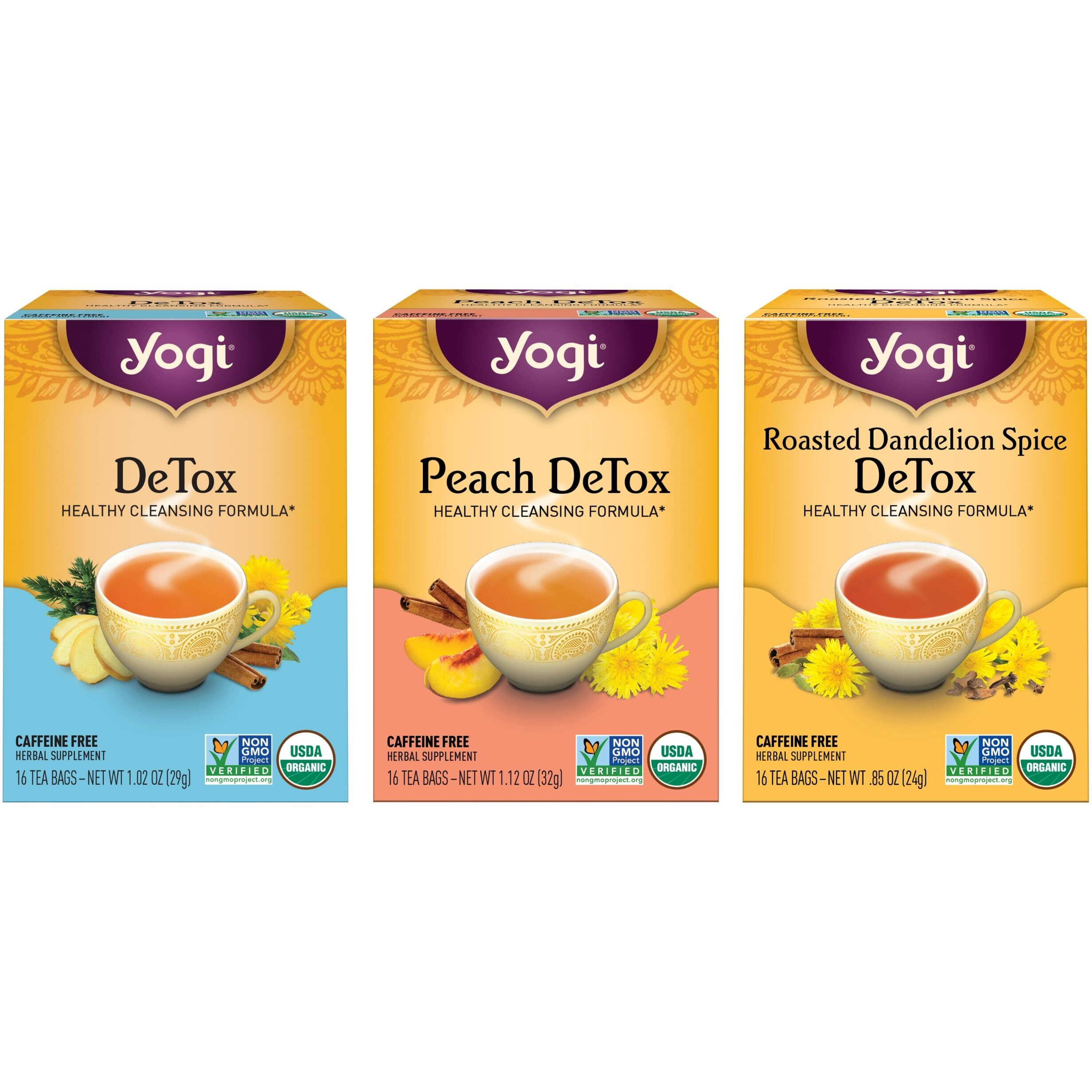 Yogi Tea Herbal Detox Variety Pack - 16 Tea Bags Per Pack (3 Packs) - Organic Detox Tea Sampler - Includes Detox Tea, Peach Detox Tea & Roasted Dandelion Spice Detox Tea - Tea Assortment