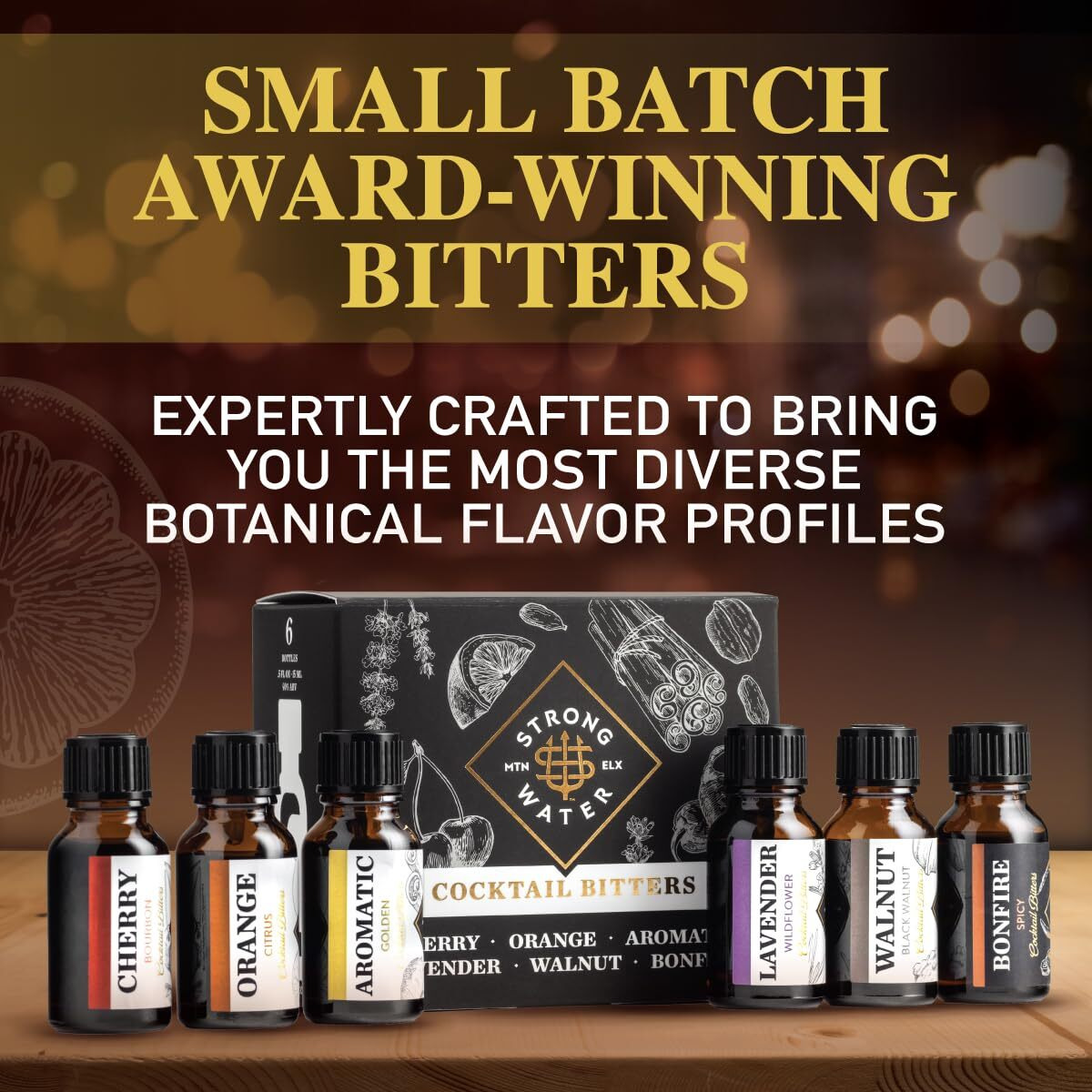 Strongwater Cocktail Bitters Sampler Set - Cocktail Bitters Set Makes 48 Cocktails - Bitters Gift Set W/Cherry, Lavender, Bonfire, Orange, Aromatic, Walnut, Orange Bitters - 6 Bottles, 0.5 Fl Oz