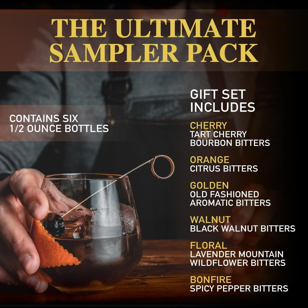Strongwater Cocktail Bitters Sampler Set - Cocktail Bitters Set Makes 48 Cocktails - Bitters Gift Set W/Cherry, Lavender, Bonfire, Orange, Aromatic, Walnut, Orange Bitters - 6 Bottles, 0.5 Fl Oz