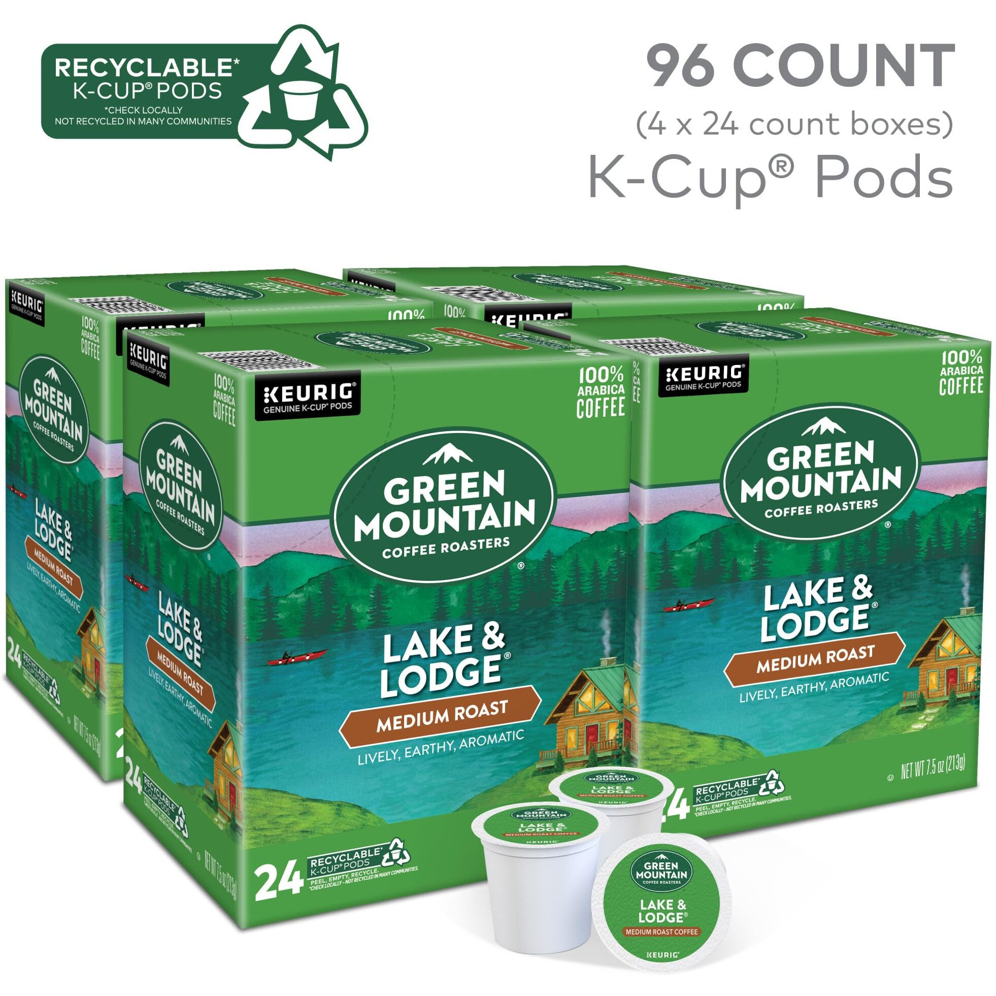 Green Mountain Coffee Roasters Lake And Lodge Blend Keurig Single-Serve K-Cup Pods, Medium Roast Coffee, 96 Count (4 Packs Of 24)