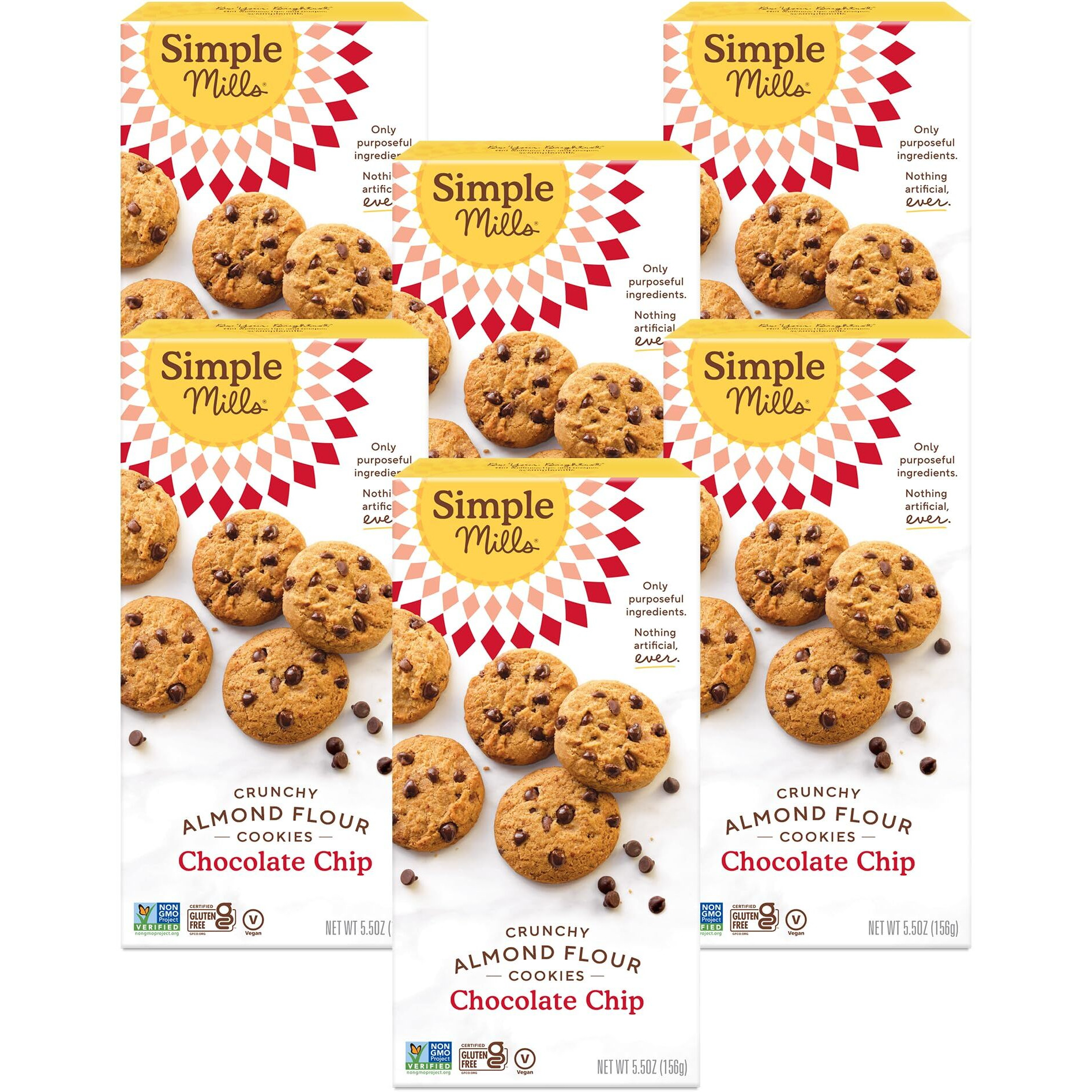 Simple Mills Almond Flour Crunchy Cookies, Chocolate Chip - Gluten Free, Vegan, Healthy Snacks, Made With Organic Coconut Oil, 5.5 Ounce (Pack Of 6)