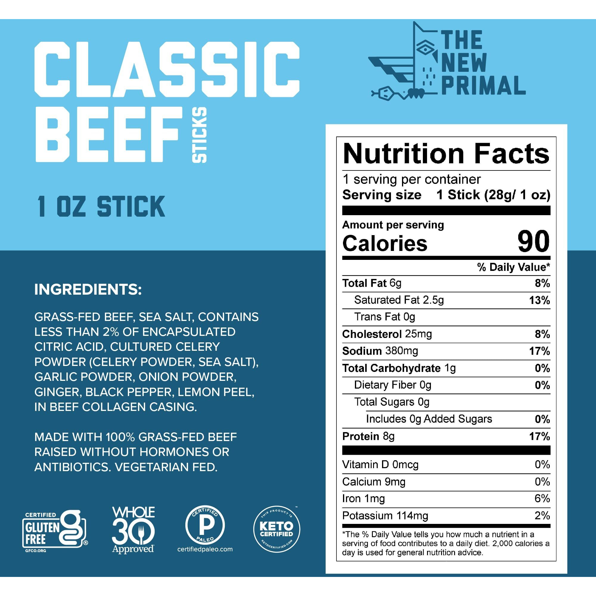 The New Primal Grass Fed Beef Sticks, Keto & Gluten Free Healthy Snacks For Adults, Sugar Free Low Carb High Protein Snack, Paleo Whole30 Jerky Meat Stick, 6G Protein, 80 Calories, 80 Pack