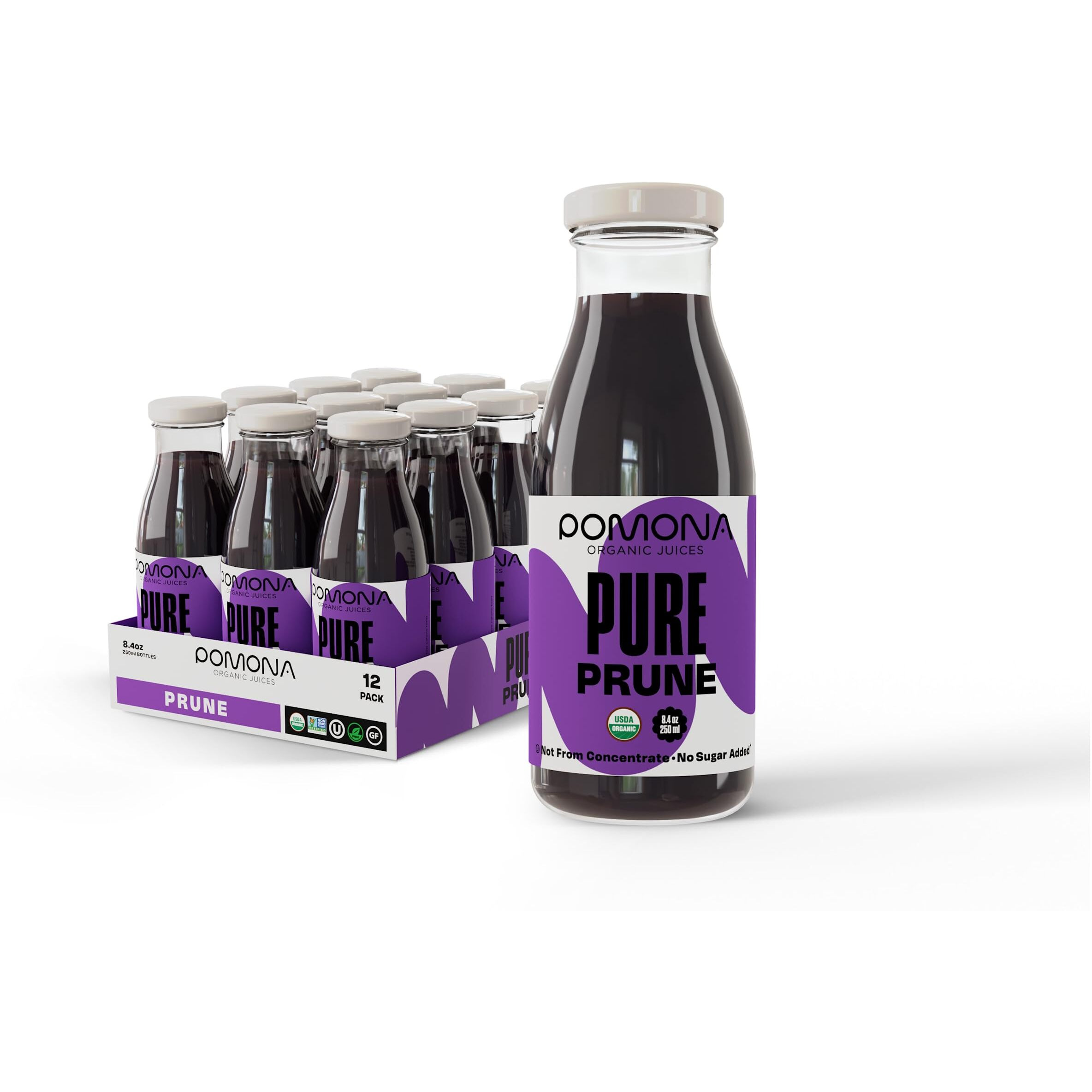 Pomona Organic Juices Pure Prune Juice, 8.4 Ounce Bottle (Pack Of 12), Cold Pressed Organic Juice, Non-Gmo, No Sugar Added, Not From Concentrate, Gluten Free, Kosher Certified, Preservative Free