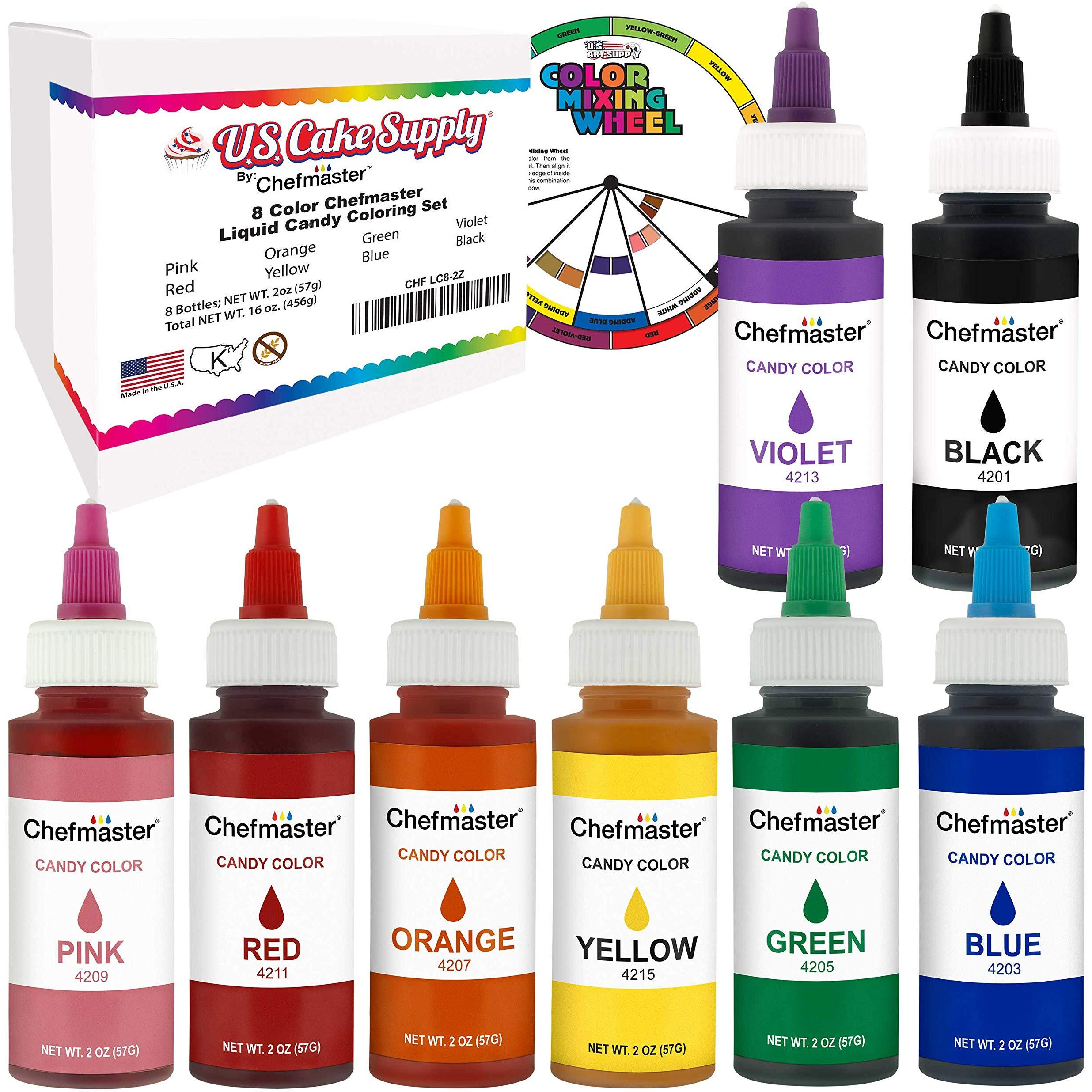 U.S. Cake Supply Large 2-Ounce Bottles Of Each Liquid Candy Food Color 8 Bottle Kit With Mixing Wheel For Chocolate And Candy Coloring