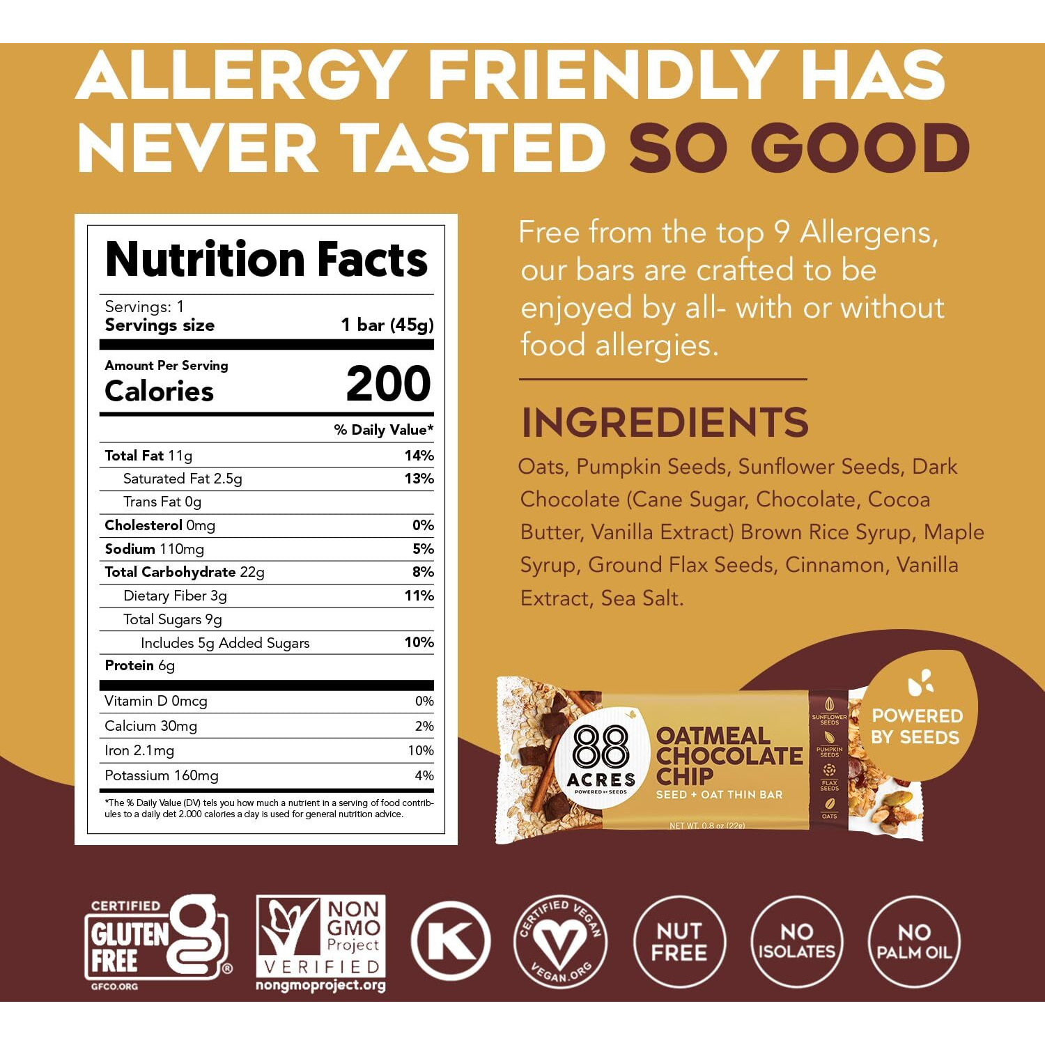 88 Acres Granola Bars | Oatmeal Chocolate Chip | Gluten Free, Nut-Free Oat And Seed Granola Bar | Vegan & Always Non Gmo | 12 Pack