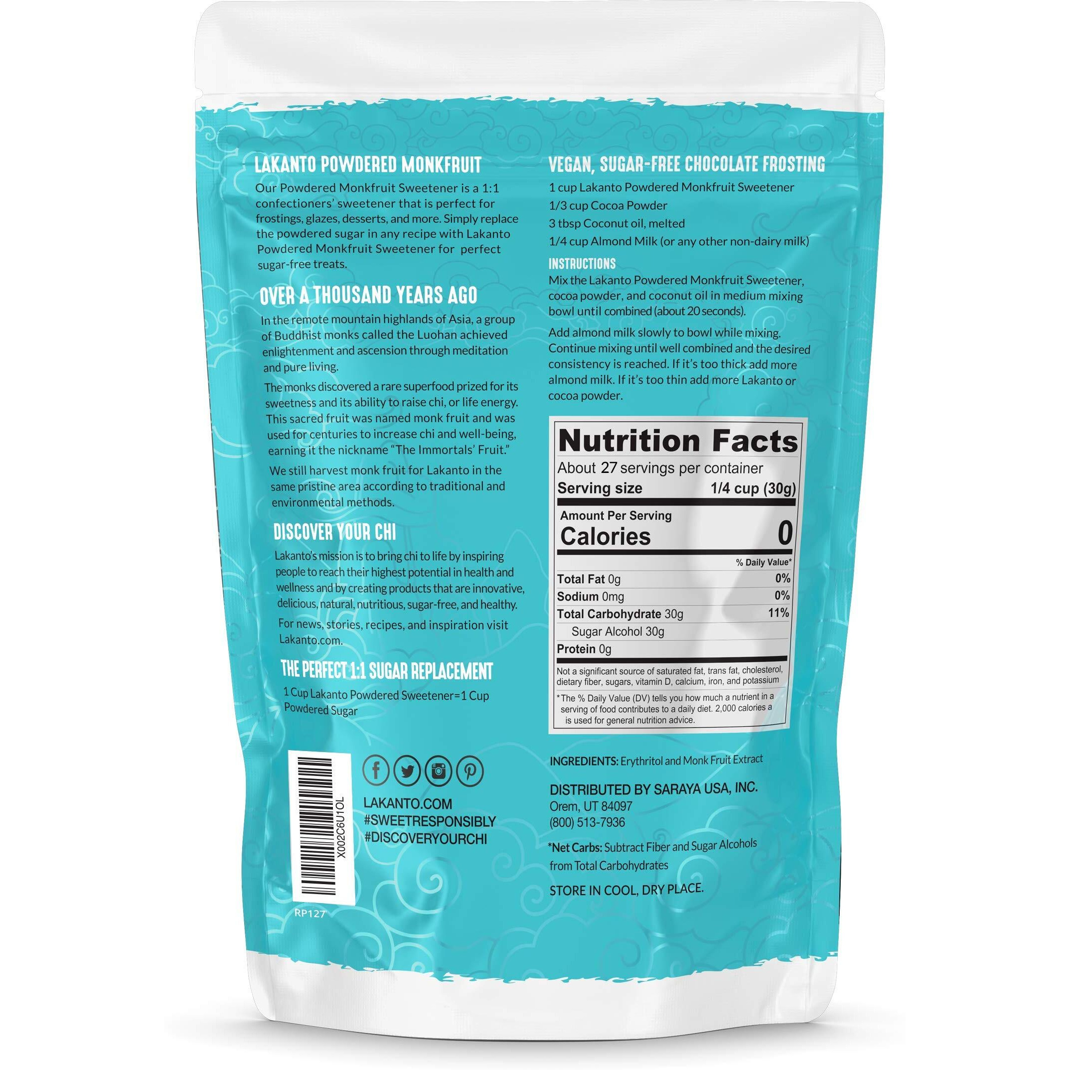 Lakanto Powdered Monk Fruit Sweetener With Erythritol - Powdered Sugar Substitute, Zero Calorie, Keto Diet Friendly, Zero Net Carbs, Baking, Extract, Sugar Replacement (Powdered - 1.76 Lb)