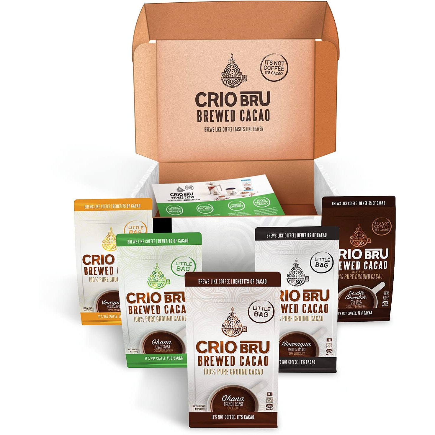 Sampler Starter Kit/Set (5 Varieties) | Natural Healthy Brewed Cacao Drink | Great Substitute To Herbal Tea And Coffee | 99% Caffeine Free | Keto Whole-30 Honest Energy Brew And Enjoy Hot Or Iced (Kit (No French Press))