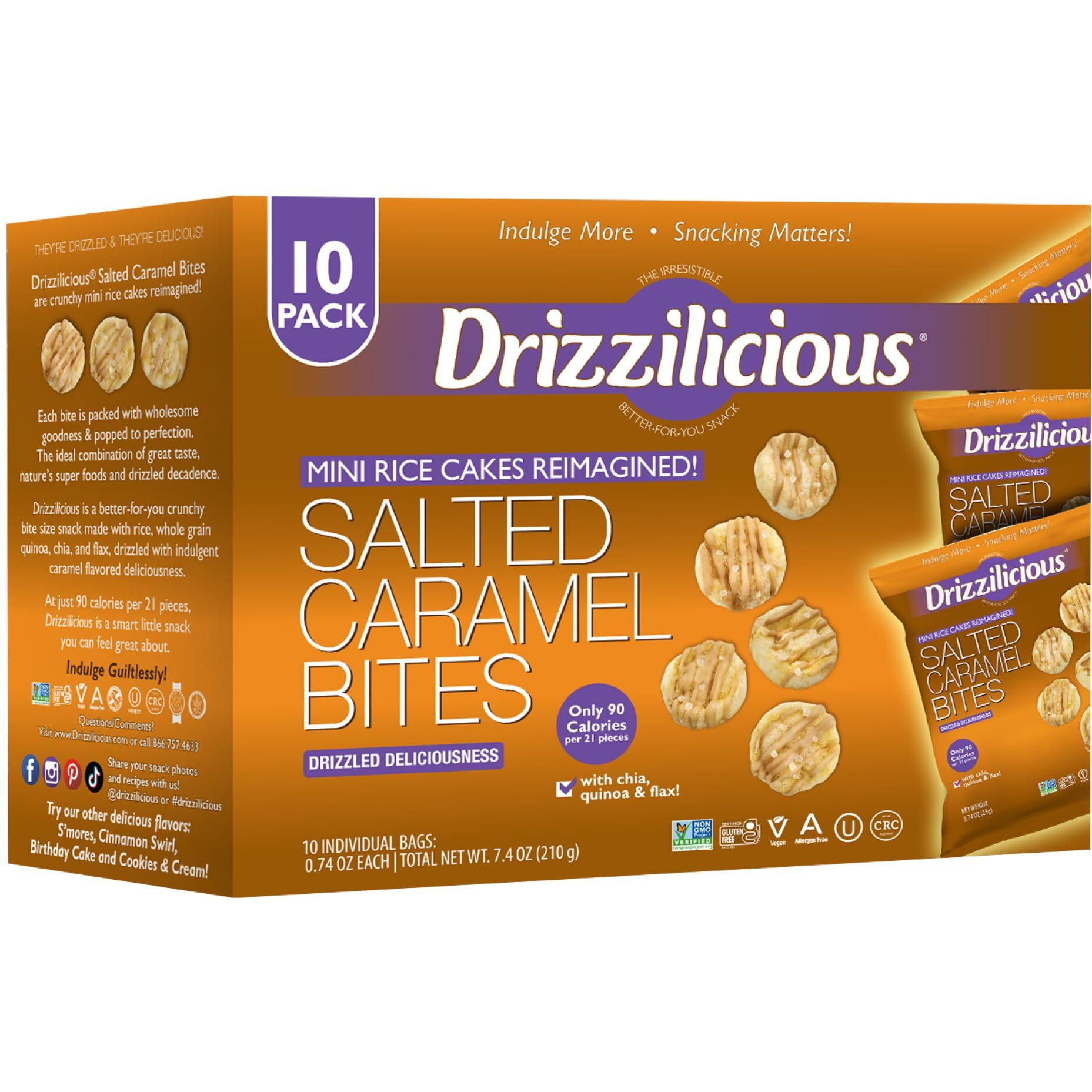 Drizzilicious Mini Rice Cakes Salted Caramel - Rice Crisps, Healthy Snack For Adults And Kids, Flavored Rice Cakes, Vegan, Gluten Free, Allergen Free, Only 90 Calories Per Bag - 0.74 Oz (Pack Of 10)