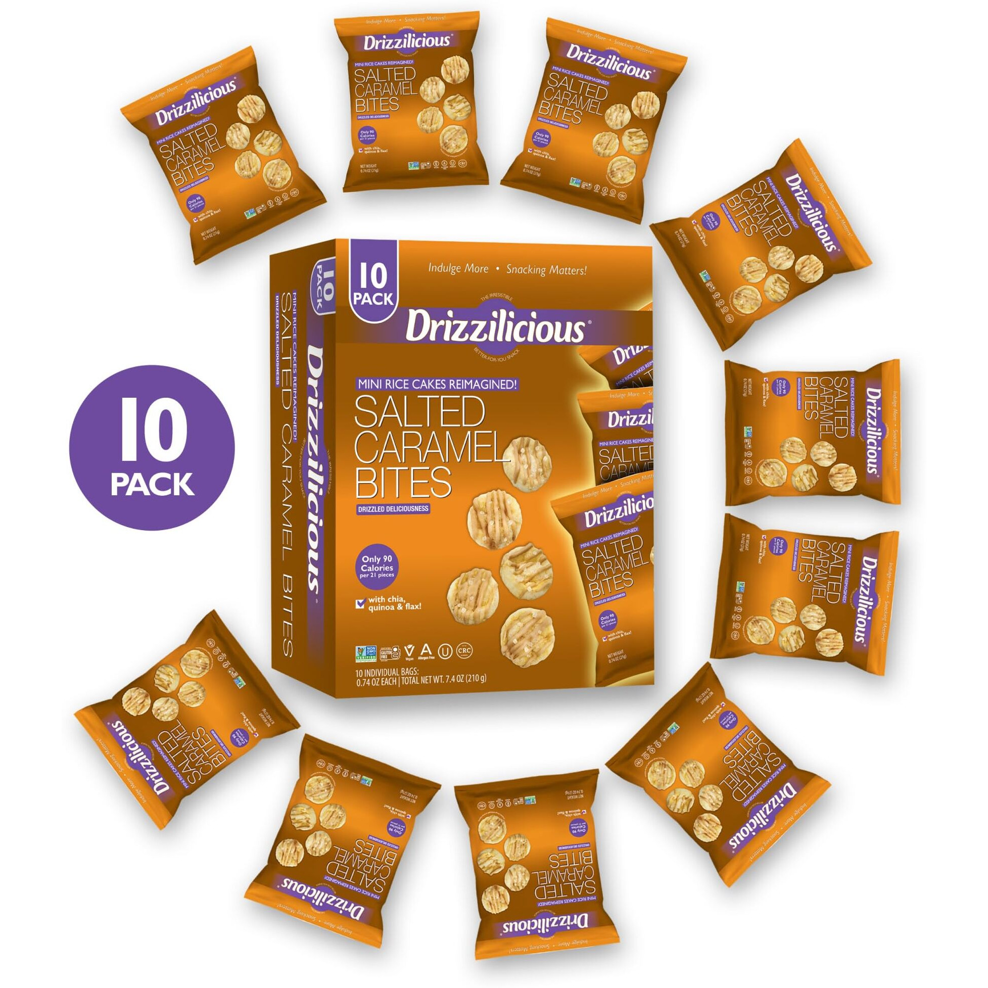 Drizzilicious Mini Rice Cakes Salted Caramel - Rice Crisps, Healthy Snack For Adults And Kids, Flavored Rice Cakes, Vegan, Gluten Free, Allergen Free, Only 90 Calories Per Bag - 0.74 Oz (Pack Of 10)