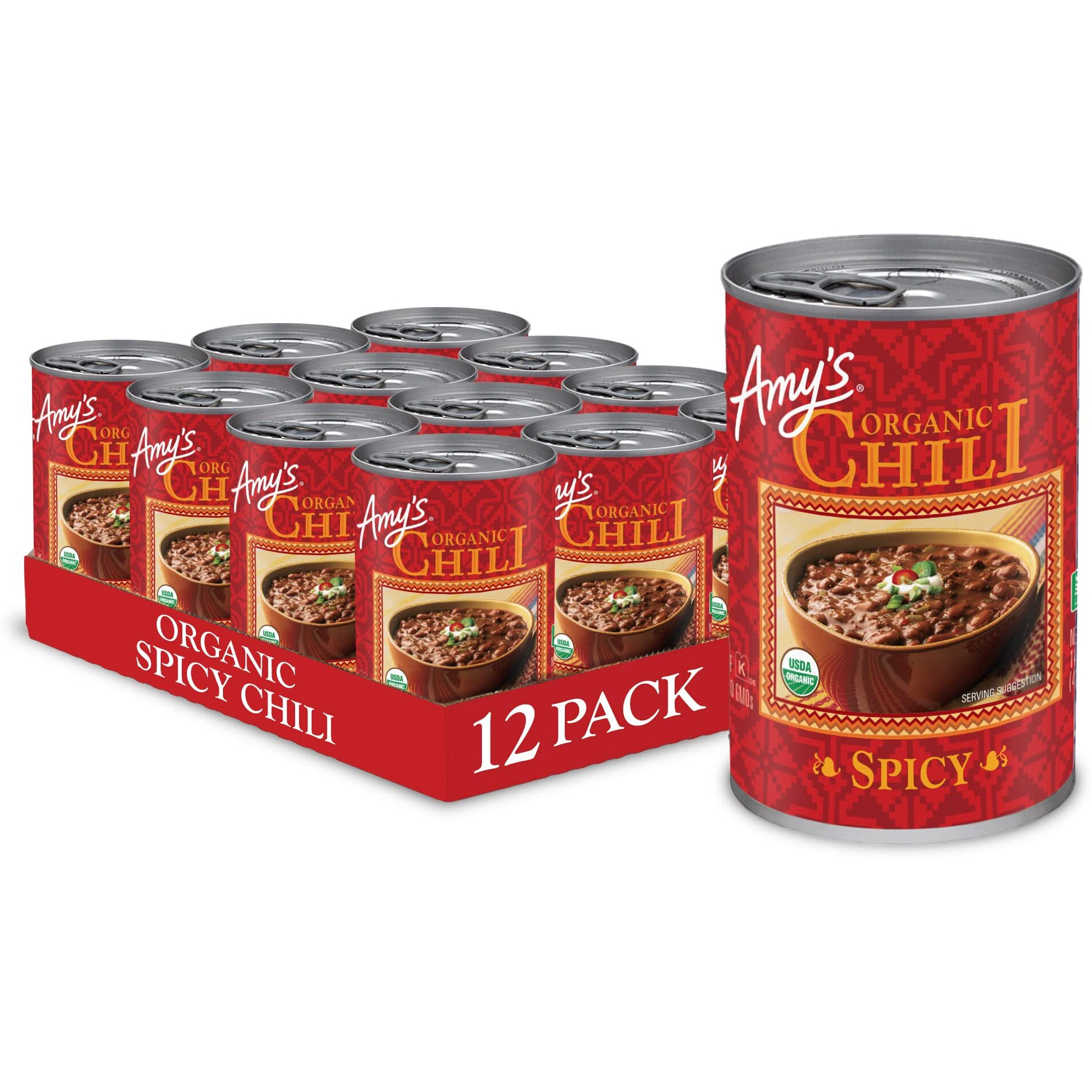 Amy's Organic Chili, Vegan Spicy Chili, Gluten Free, Made With Red Beans And Tofu, 14.7 Oz (12 Pack)