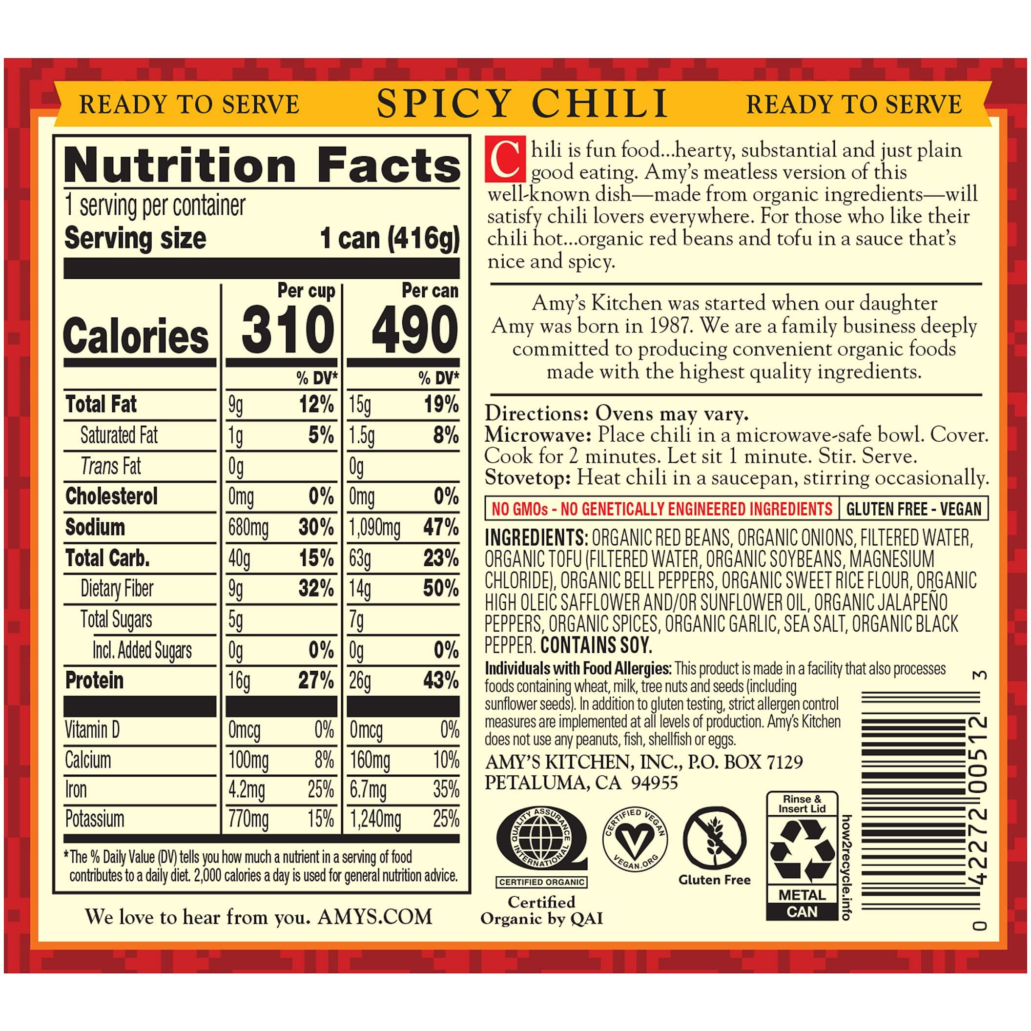Amy's Organic Chili, Vegan Spicy Chili, Gluten Free, Made With Red Beans And Tofu, 14.7 Oz (12 Pack)