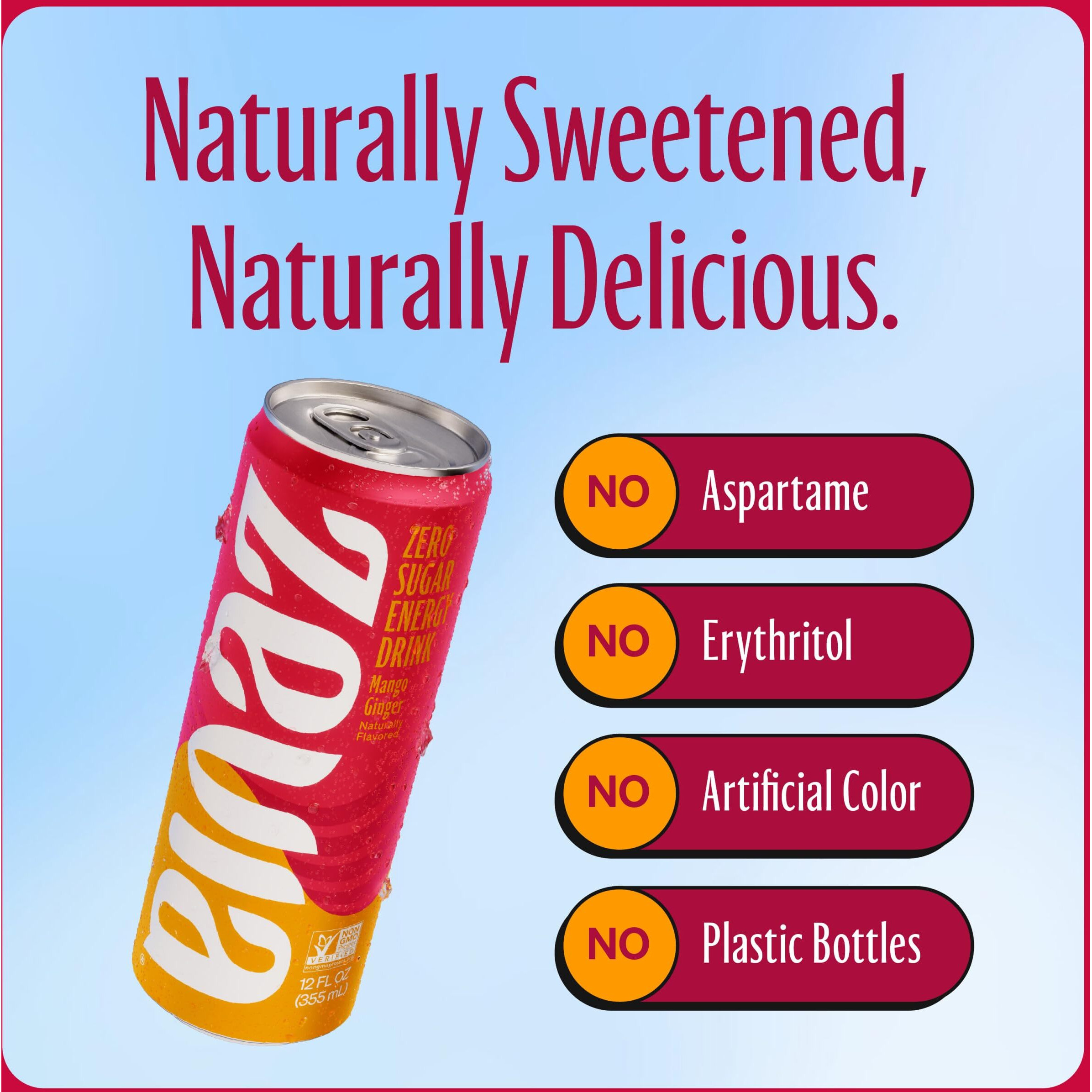 Zevia Zero Sugar, Mango Ginger Energy Drink, 12 Fl Oz Cans (Pack Of 12)